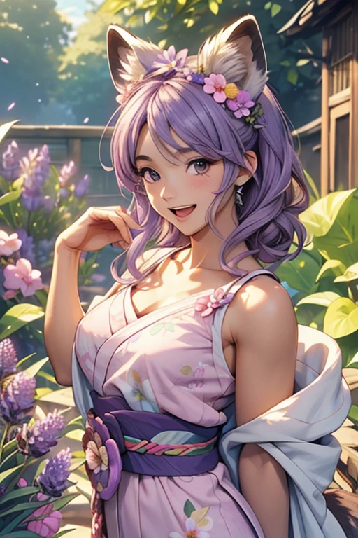 raccoon tail, 1 raccoon girl, raccoon ears, medium hair, ahoge, (open mouth:0.8), cute, bare arms, bare shoulders, medium breasts, (underboob:0.9), (sideboob:0.9), (thighs:0.9), sideless, (mini yukata:1.1), fantastic flower garden, outdoor, british garden, full body, (lavender theme:1.1), (lavender tone:1.1), (pink tone:0.9), illustration, (anime coloring:1.1), (masterpiece:1.2), (best quality:1.2), newest, (intricate details:1.2), ai-generated,