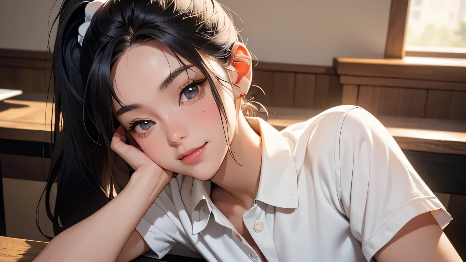 8k, highest quality, super high resolution, one woman, 1980s pop culture anime style, 21 years old, (masterpiece, high resolution, details), chips \(food\), , Japanese, stylish T-shirts, Y-shirts, Short cut, ponytail, (photorealistic:1.4), (Japanese famous actress:1.2), very beautiful, cute, professional photo, very delicate and beautiful, very detailed, very detailed beautiful girl, very detailed face, very detailed eyes, very detailed skin, very detailed fingers, very detailed nose, very detailed mouth, perfect anatomy, realistic body, fair skin, shiny skin, slender body, good figure , looking at the viewer, smiling, cute smiling face (black hair, (ponytail, beautiful girl, perfect small face, big breasts, skinny polo shirt, shorts, putting bread on the table)