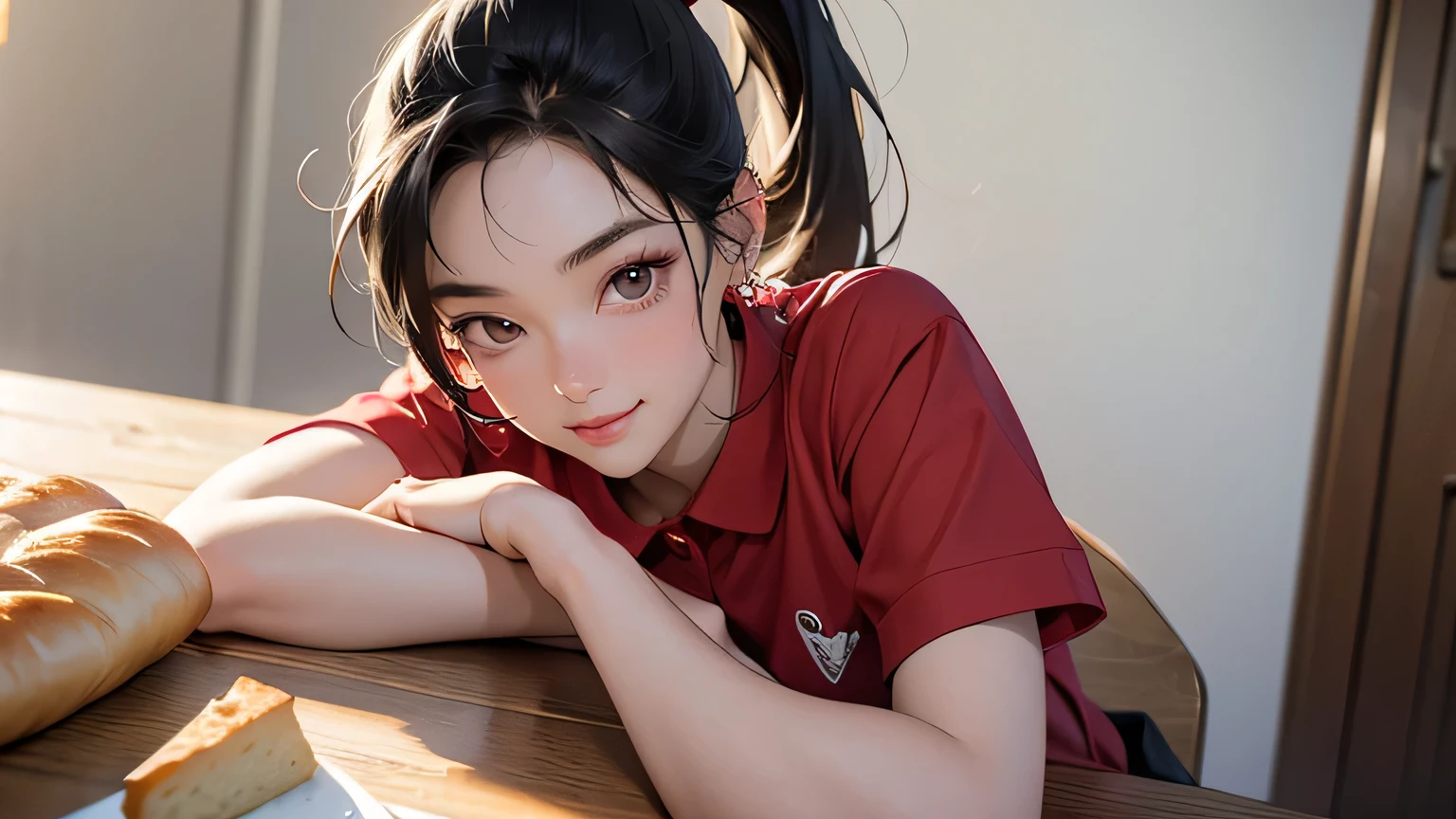 8k, highest quality, super high resolution, one woman, 1980s pop culture anime style, 21 years old, (masterpiece, high resolution, details), chips \(food\), , Japanese, stylish T-shirts, Y-shirts, Short cut, ponytail, (photorealistic:1.4), (Japanese famous actress:1.2), very beautiful, cute, professional photo, very delicate and beautiful, very detailed, very detailed beautiful girl, very detailed face, very detailed eyes, very detailed skin, very detailed fingers, very detailed nose, very detailed mouth, perfect anatomy, realistic body, fair skin, shiny skin, slender body, good figure , looking at the viewer, smiling, cute laughing face (black hair, (ponytail, beautiful girl, perfect small face, D cup, slender, red polo shirt, shorts, putting bread on the table)