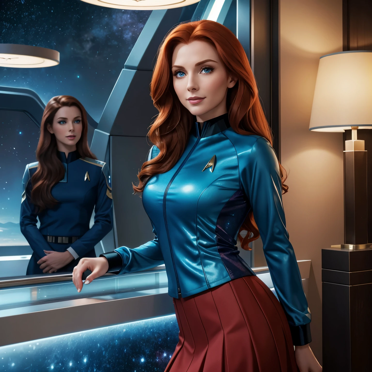 Masterpiece illustration, very detailed face, a beautiful 25 year old Gates McFadden, luscious long red hair, radiant blue eyes, kissable lips, sweet smile, heavy dark eye makeup, friendly and inviting, fit bombshell body, star trek uniform, skirt, go-go boots, inside a very modern hotel with space outside the window, in the lobby, holographic tech displays, ambient light from displays, rim light,