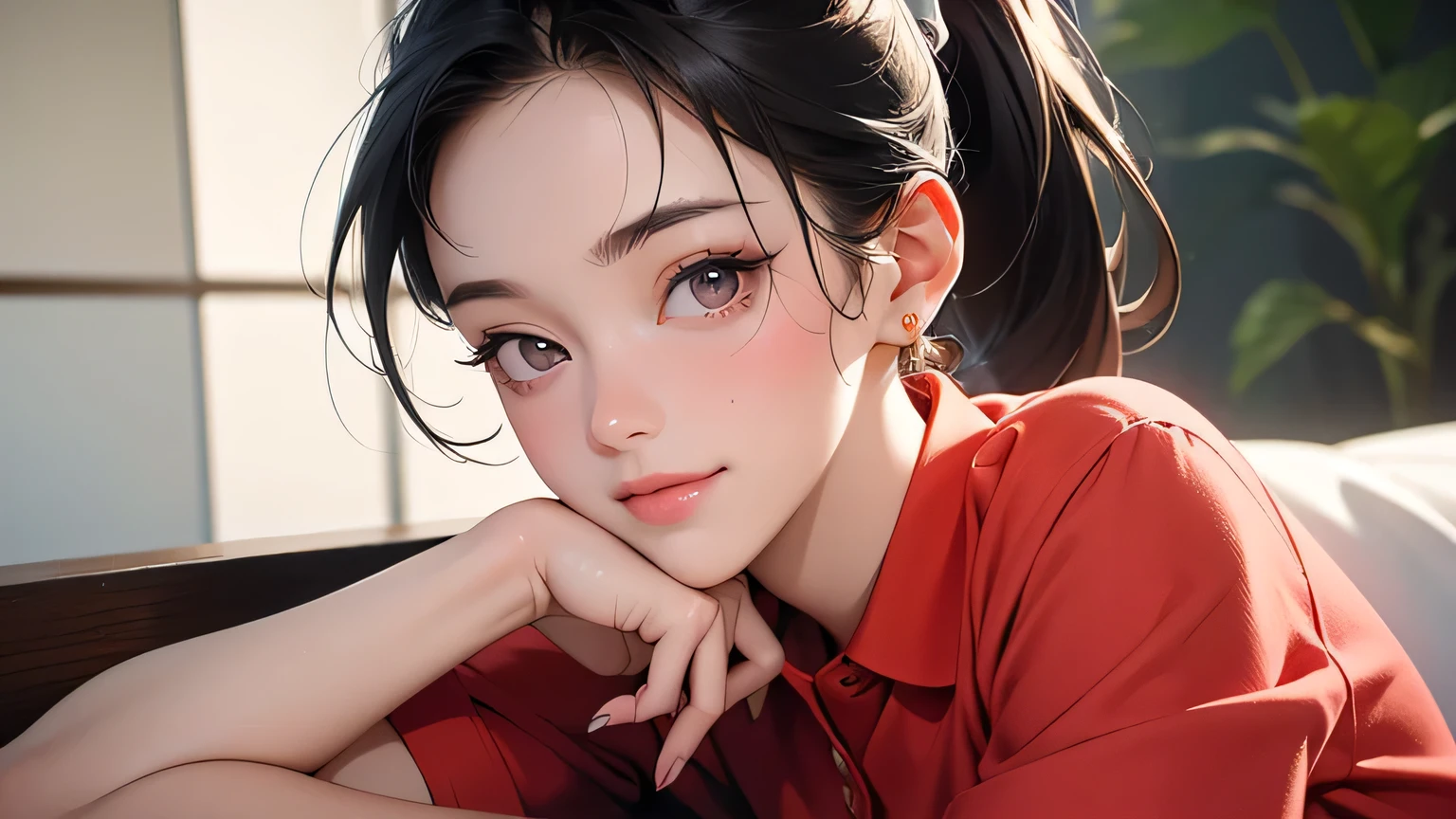 8k, highest quality, super high resolution, one woman, 1980s pop culture anime style, 21 years old, (masterpiece, high resolution, details), chips \(food\), , Japanese, stylish T-shirts, Y-shirts, Short cut, ponytail, (photorealistic:1.4), (Japanese famous actress:1.2), very beautiful, cute, professional photo, very delicate and beautiful, very detailed, very detailed beautiful girl, very detailed face, very detailed eyes, very detailed skin, very detailed fingers, very detailed nose, very detailed mouth, perfect anatomy, realistic body, fair skin, shiny skin, slender body, good figure , looking at the viewer, smiling, cute laughing face (black hair, (ponytail, beautiful girl, perfect small face, D cup, slender, red polo shirt, shorts, putting bread on the table)
