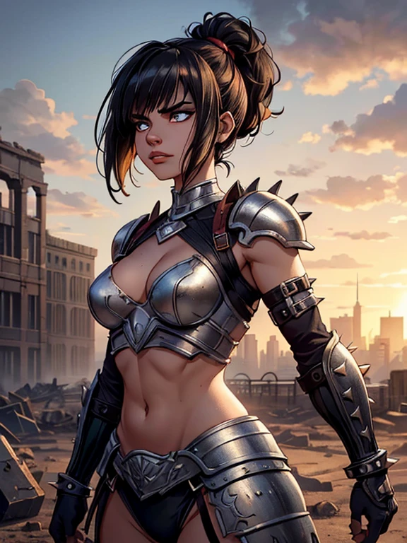 Imagine an urban scene in Brooklyn, in a post-apocalyptic setting, where a female gladiator, approximately 30 years old, is the central figure. She is standing in a barren, desolate terrain, surrounded by the wreckage and ruins of the city.
The female gladiator is a true masterpiece in herself. Her athletic body is muscular and well-defined, reflecting her strength and agility. She is dressed in minimalist armor, composed of metal plates adorned with spikes and rivets, which reflect the broken sunlight.
Her hair is black and cut into a bob haircut, but tied back in a ponytail. Her strands of hair move gently in the wind, adding dynamism to the scene.
The woman is in a ready pose, her expression determined and her eyes focused on the horizon. Beside her, there is a young girl, also dressed in similar armor, looking at her with admiration and respect.
In the background, dilapidated buildings rise against a dark orange sky, creating a dark and oppressive atmosphere. Broken sunlight penetrates through cracks in buildings, creating patterns of shadow and light on the dusty ground.
Key elements:
Gladiator woman, 30 years old, athletic body.
Minimalist armor with spikes and rivets.
Black hair in a bob haircut, with a ponytail.
Young girl next to the gladiator.
Post-apocalyptic urban scene in Brooklyn with wreckage and ruins.
Dark orange sky with broken sunlight.
Comments:
Make sure the digital painting captures the essence of the gladiator woman's strength and determination, as well as the young girl's admiration.
Armor and wreckage details must be carefully rendered to convey realism and texture.
Use light and shadows effectively to create a dramatic and impactful atmosphere.