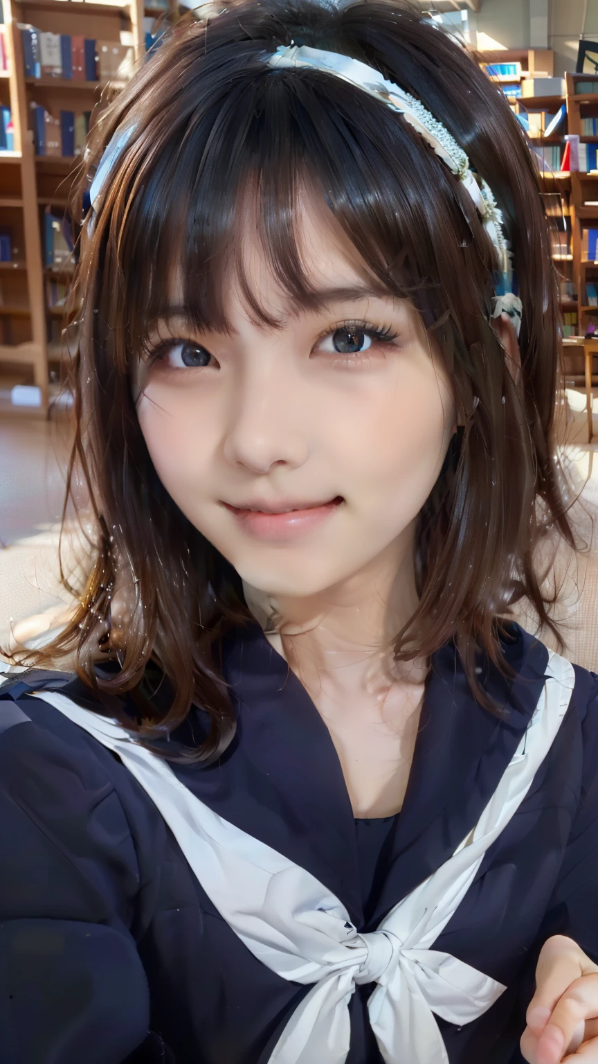 sailor uniform, One Woman, (Beautiful woman, delicate :1.3), Black Hair, Bobcut, Bangs, (8K), (highest quality: 1.2), (Realistic), (Realistic: 1.37), (masterpiece), (Ultra-high resolution), (Raw photo), (Absolute Resolution), (((face is small compared to body: 1.4))), (((Small face:1.4))), A balanced face, (Small Mouth: 1.4), ((Slim female body: 1.4)), Black Hair, (((long sleeve セーラー服))), Realistic女子高生, (((White headband))), Small breasts, Slanted Eyes, Light blue eyes, (library), Open your mouth, smile, Blurred, Bust Shot,