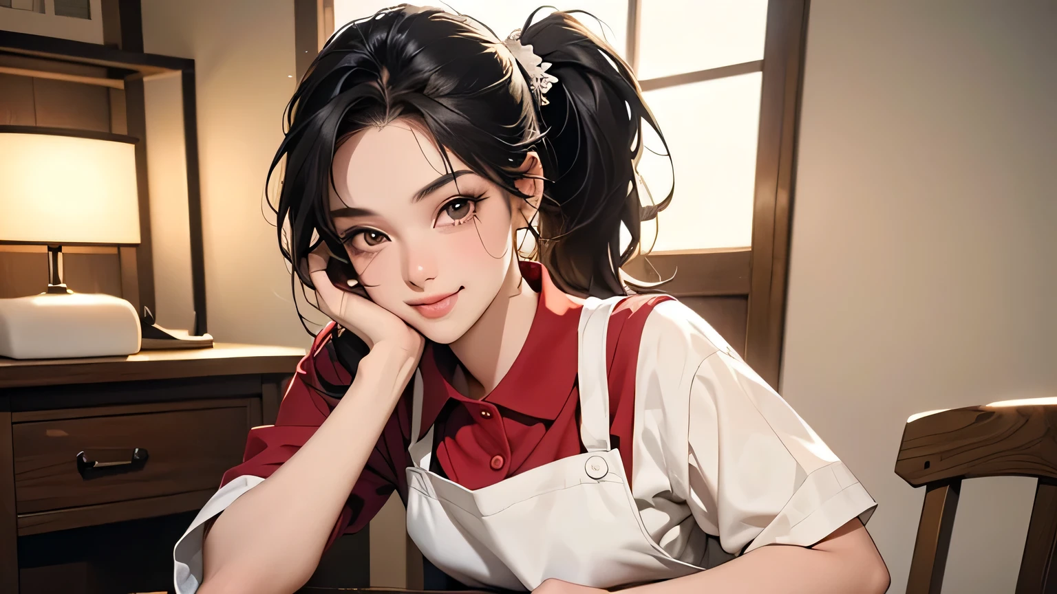 8k, highest quality, super high resolution, solo female, 1980s pop culture anime style, 21 years old, (masterpiece, high resolution, details), chips \(food\), surrounded by bread, Japanese, fashionable T Shirt, Y-shirt, short cut, ponytail, (Real as a photo: 1.4), (Famous Japanese actress: 1.2), Very beautiful, Cute, Professional photo, Very delicate and beautiful, Very detailed, Very detailed beautiful girl, very detailed face, very detailed eyes, very detailed skin, very detailed fingers, very detailed nose, very detailed mouth, perfect anatomy, realistic body, fair skin, shiny skin, slender build body, good figure, looking at the viewer, smiling, cute smiling face (black hair, (ponytail, beautiful girl, perfect small face, D cup, slender, red polo shirt, white apron shorts, putting bread on the table)