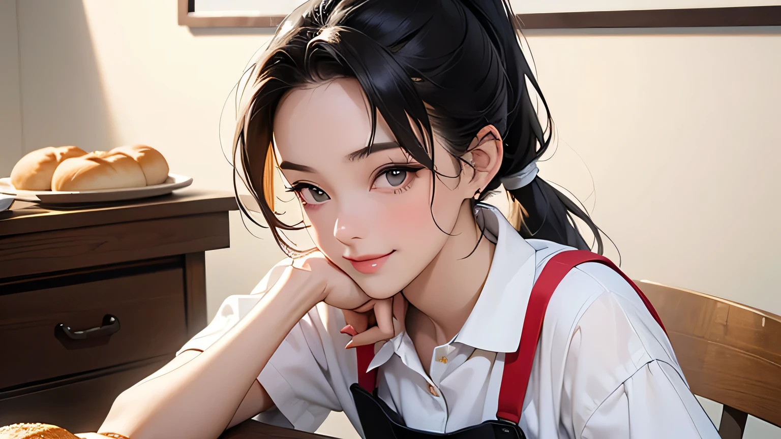8k, highest quality, super high resolution, solo female, 1980s pop culture anime style, 21 years old, (masterpiece, high resolution, details), chips \(food\), surrounded by bread, Japanese, fashionable T Shirt, Y-shirt, short cut, ponytail, (Real as a photo: 1.4), (Famous Japanese actress: 1.2), Very beautiful, Cute, Professional photo, Very delicate and beautiful, Very detailed, Very detailed beautiful girl, very detailed face, very detailed eyes, very detailed skin, very detailed fingers, very detailed nose, very detailed mouth, perfect anatomy, realistic body, fair skin, shiny skin, slender build body, good figure, looking at the viewer, smiling, cute smiling face (black hair, (ponytail, beautiful girl, perfect small face, D cup, slender, red polo shirt, white apron shorts, putting bread on the table) 