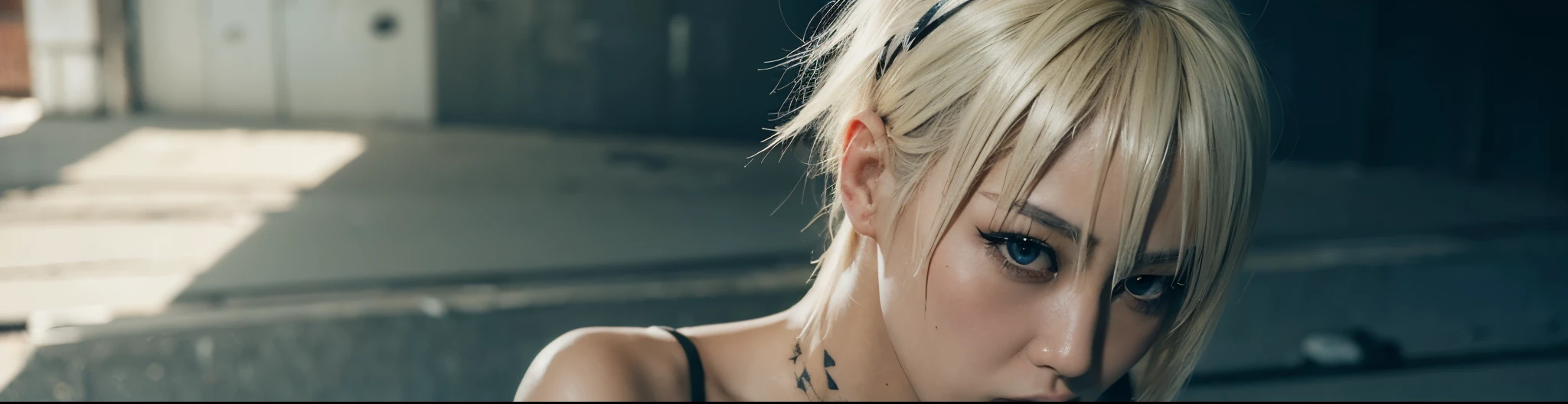 8K, realistic photo, realistic skin texture, Japanese women、Blonde punkish hair、Tattoo、Innovative composition、