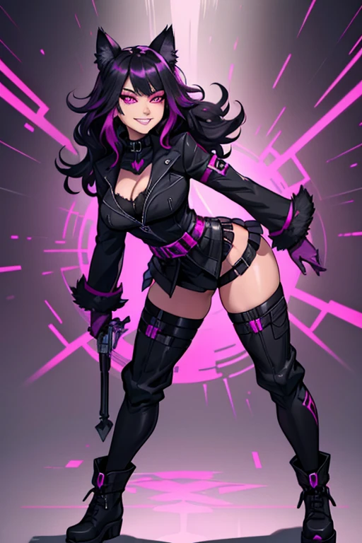 female, black long hair with magenta highlights, silver eyes, black wolf ears, black wolf tail (((1girl))), (((Black Widow outfit with magenta trim))), (black pants), (black gloves), (black tactical belt), (black boots), cute and sexy, full body, large breasts, large butt, long legs, smiling