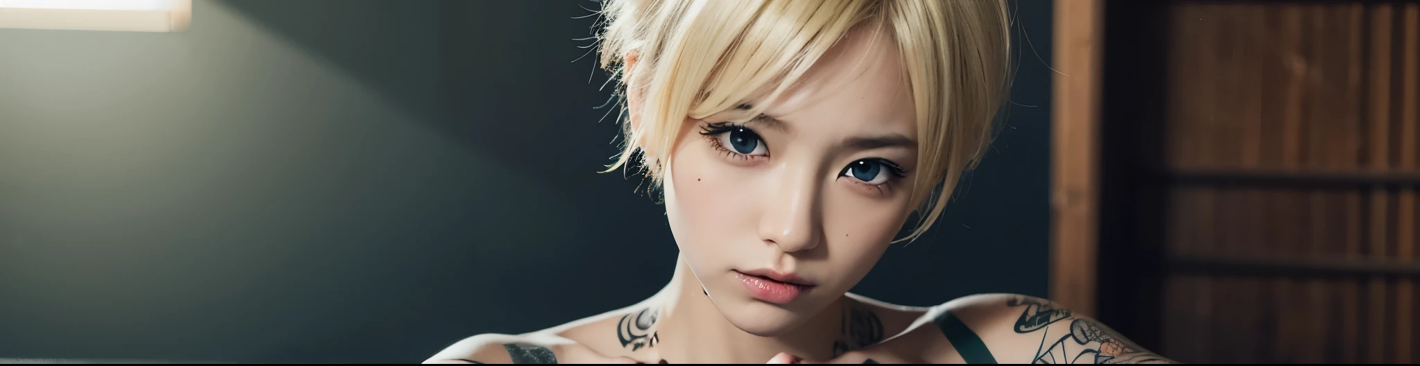 8K, realistic photo, realistic skin texture, Japanese women、Blonde punkish hair、Tattoo、Innovative composition、