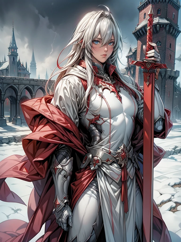 1 long-haired albino male knight, wearing red hood、Wearing heavy armor and carrying a long sword、With the old castle in the background