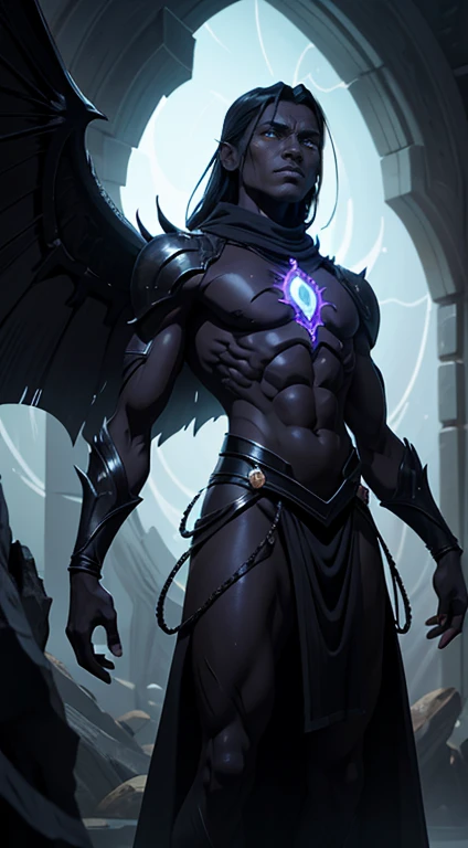 Ashema, known as the Voidwalker, is a deeply respected Vun member embodying the primordial element of void, representing the metaphysical forces of darkness and nothingness. With black and dark purple skin, black leathery wings, and scars filled with the whispers of creation, Ashema exudes an aura of mystery and power. Despite his fearless facade, his greatest fear lies in the unraveling of reality itself, a concept he is intricately connected to. Finding solace in astral meditation and sculpting obsidian, Ashema reflects the beauty he perceives in the aether. Born from the emptiness between stars, his consciousness emerged understanding the delicate balance needed to uphold existence. His loyalty to Vunara and her chosen is unwavering, as he sees it as his duty to maintain the order of the multiverse with silent, relentless vigilance.
Ashema, the Voidwalker, is a Vun member embodying the primordial element of void exuding an ethereal yet intimidating presence with ebon skin transitioning to deep purple, large black leathery wings, and scars seething with molten light. His eyes like voids add to his mysterious aura. Ashema's confrontational attitude is balanced by a reserved and suspicious disposition, especially towards others except for his deeply respected Aethereas Zephyrion and Zaniir. Despite his fearless facade, Ashema's greatest fear lies in the unraveling of reality itself, a concept he is intricately connected to. He finds solace in astral meditation and sculpting obsidian, reflecting the beauty he perceives in the aether Born from the whisper of creation, Ashema's consciousness emerged from the emptiness between stars, understanding the delicate balance needed to uphold existence. His loyalty to Vunara and her chosen is a commitment to maintaining the order of the multiverse, a duty he carries with silent, relentless
Ashema is a Vun member and the primordial element of void representing the metaphysical forces of darkness and nothingness. He possesses