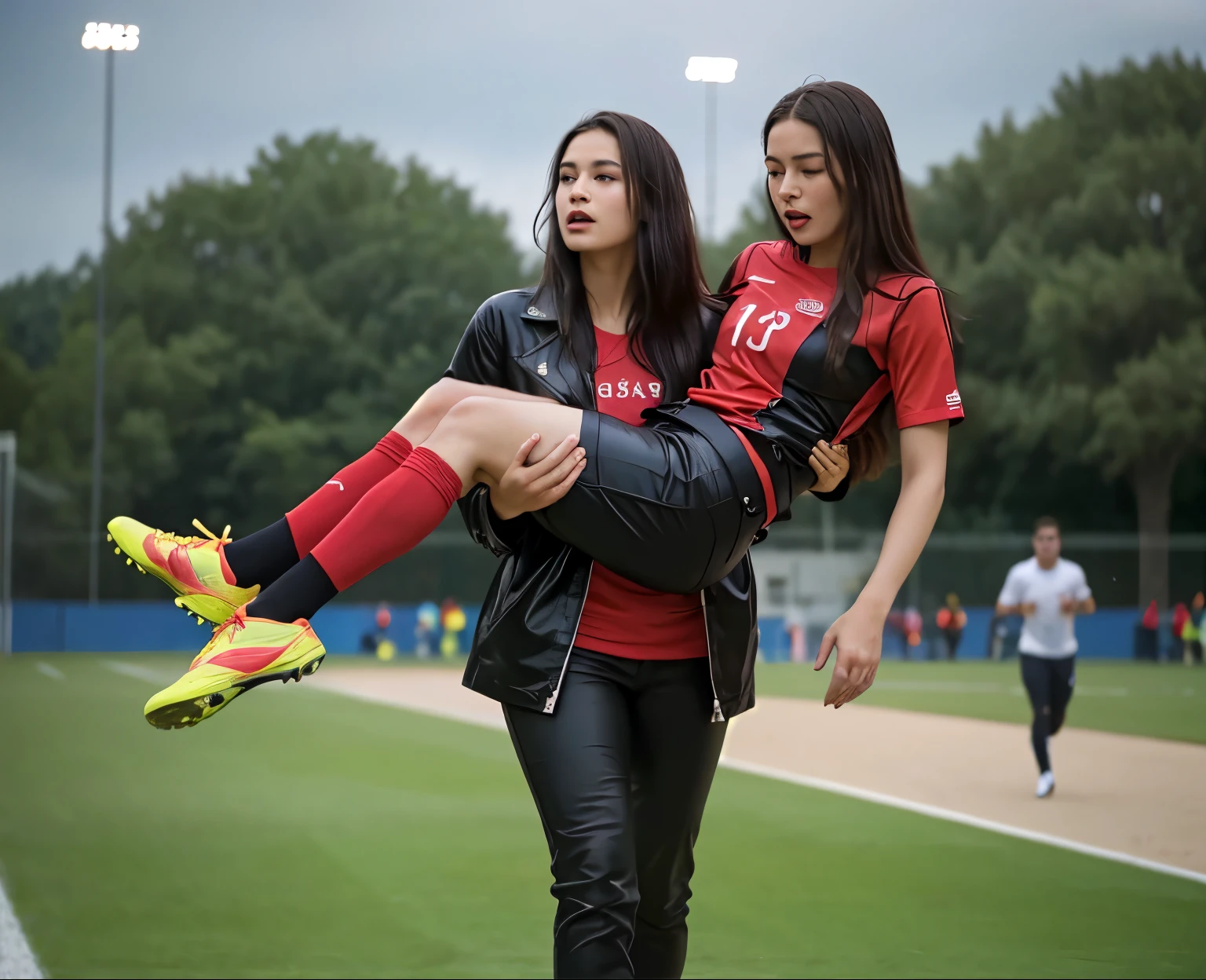 Andrea carries the wounded man's body in her hands, Andrea grabs his legs and his body with her hands, the bearded man in Andrea's arms is visibly in pain, stadium atmosphere, the bearded man is lying consciousless in Andrea's arms with one arm hanging down, A scene at a soccer stadium, a bearded man lying in a caring women's arms, lying helpless in her arms with his head dangling down, he has one arm dangling down while being carried in the women's arms, There is an attractive and heavily made-up woman in a long black leather coat, A pretty woman in a shiny black leather coat on a soccer field, A wonderful woman is holding a passed out man, A man in matt and roughened sportswear is held diagonal in her arms, a man in a woman's arms and lets one arm dangling down, we see the man held in front of the woman's body, the man is cradled in the woman's arm while being carried, the beautiful woman is exceptionally heavily made up and has an extremely desperate and very angry expression on her face, high-resolution photo, realistic sports photo, soccer scene, woman in black shiny long leather coat, injury scene, real photo, ultra realistic, high definition, sports photography