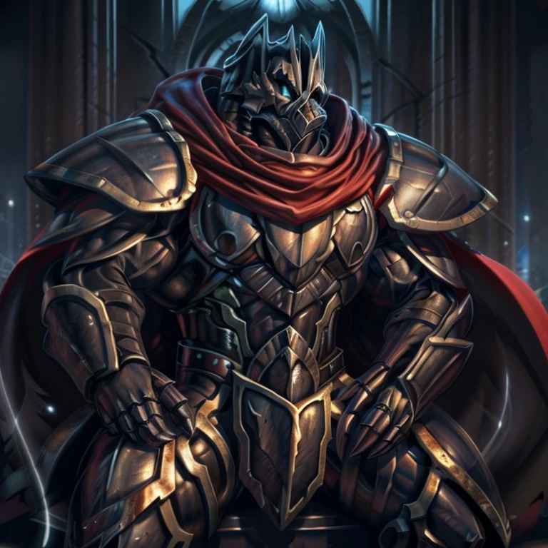 (masterpiece, best quality, detailed:1.2) detailed full body, a knight's mechanical armor, glowing wide and heavy armor, wears full body armor. massive muscles, huge pecs, chiseled abs, huge pectorals, exaggeratedly huge muscles. wearing a cloak. unusually developed muscular body big muscle, pecs, triceps, traps, waist narrow, unusually developed muscular body, Dark knight, BlackKnight_fe, The claws are sharp, Sharp teeth, He wears a black cloak on his back. sitting on the throne,