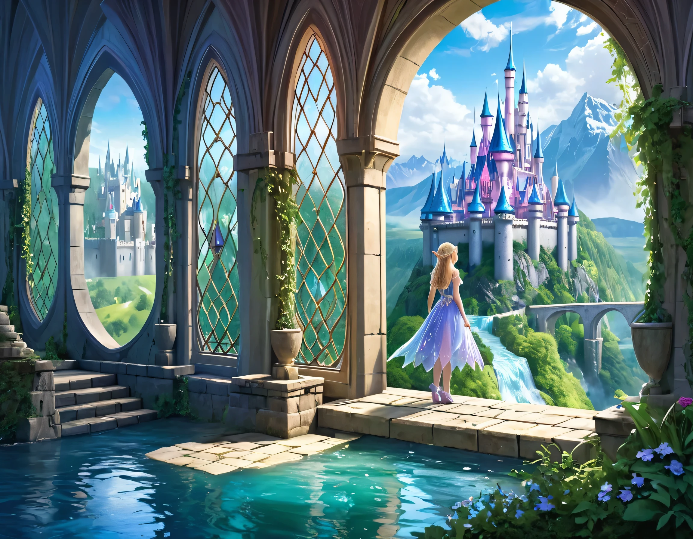 fantasy art, RPG art, a princess looking through her window at a magical castle, a beautiful elven princess looking through her window to see a magical castle, an impressive best detailed castle, with towers, bridges, a moat, standing on top of a mountain colouredglazecd_xl, Brandon Woelfel Style page