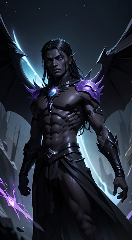 Ashema, known as the Voidwalker, is a deeply respected Vun member embodying the primordial element of void, representing the metaphysical forces of darkness and nothingness. With black and dark purple skin, black leathery wings, and scars filled with the whispers of creation, Ashema exudes an aura of mystery and power. Despite his fearless facade, his greatest fear lies in the unraveling of reality itself, a concept he is intricately connected to. Finding solace in astral meditation and sculpting obsidian, Ashema reflects the beauty he perceives in the aether. Born from the emptiness between stars, his consciousness emerged understanding the delicate balance needed to uphold existence. His loyalty to Vunara and her chosen is unwavering, as he sees it as his duty to maintain the order of the multiverse with silent, relentless vigilance.


Ashema, the Voidwalker, is a Vun member embodying the primordial element of void exuding an ethereal yet intimidating presence with ebon skin transitioning to deep purple, large black leathery wings, and scars seething with molten light. His eyes like voids add to his mysterious aura. Ashema's confrontational attitude is balanced by a reserved and suspicious disposition, especially towards others except for his deeply respected Aethereas Zephyrion and Zaniir. Despite his fearless facade, Ashema's greatest fear lies in the unraveling of reality itself, a concept he is intricately connected to. He finds solace in astral meditation and sculpting obsidian, reflecting the beauty he perceives in the aether Born from the whisper of creation, Ashema's consciousness emerged from the emptiness between stars, understanding the delicate balance needed to uphold existence. His loyalty to Vunara and her chosen is a commitment to maintaining the order of the multiverse, a duty he carries with silent, relentless 
Ashema is a Vun member and the primordial element of void representing the metaphysical forces of darkness and nothingness. He possesses 