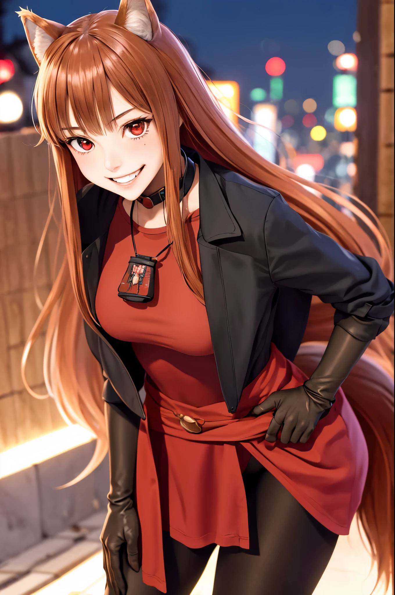 masterpiece, best quality, highres, 1girl, long hair, brown hair, animal ears, red eyes, wolf tail, necklace, (bodysuit, gloves), sash, pouch, smile, grin, Tokyo's Cyberpunk, night city, standing