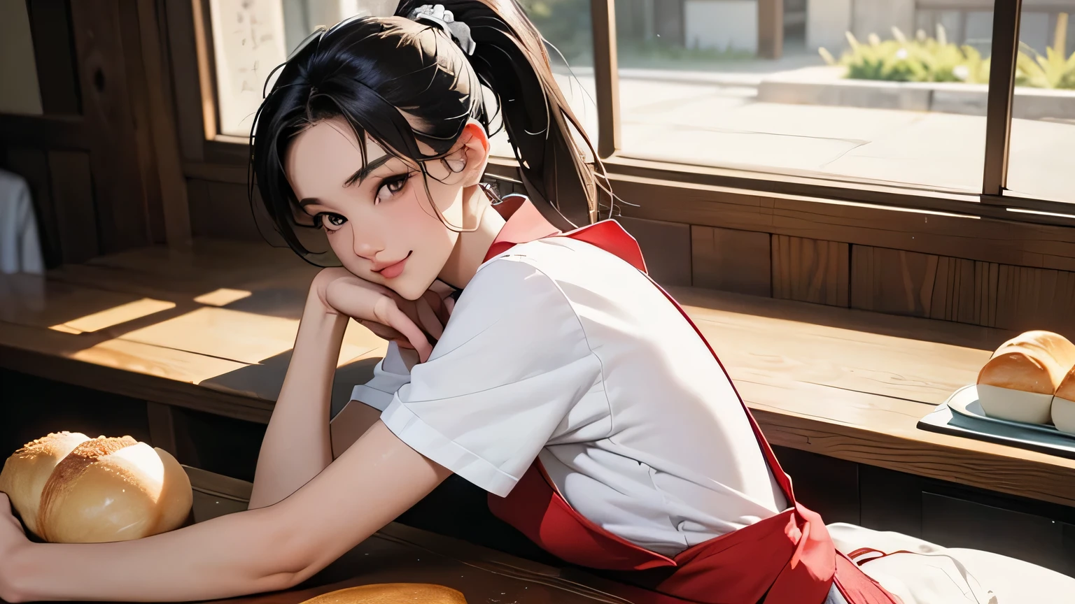8k, highest quality, super high resolution, solo female, 1980s pop culture anime style, 21 years old, (masterpiece, high resolution, details), chips \(food\), surrounded by bread, Japanese, fashionable T Shirt, Y-shirt, short cut, ponytail, (Real as a photo: 1.4), (Famous Japanese actress: 1.2), Very beautiful, Cute, Professional photo, Very delicate and beautiful, Very detailed, Very detailed beautiful girl, very detailed face, very detailed eyes, very detailed skin, very detailed fingers, very detailed nose, very detailed mouth, perfect ???????, realistic body, fair skin, shiny skin, slender build body, good figure, looks at the viewer, smile, cute laughing face (black hair, (ponytail, beautiful girl, perfect small face, D cup, slender, red polo shirt, white apron shorts, putting bread on the table, buns) working at a shop, holding bread in hand