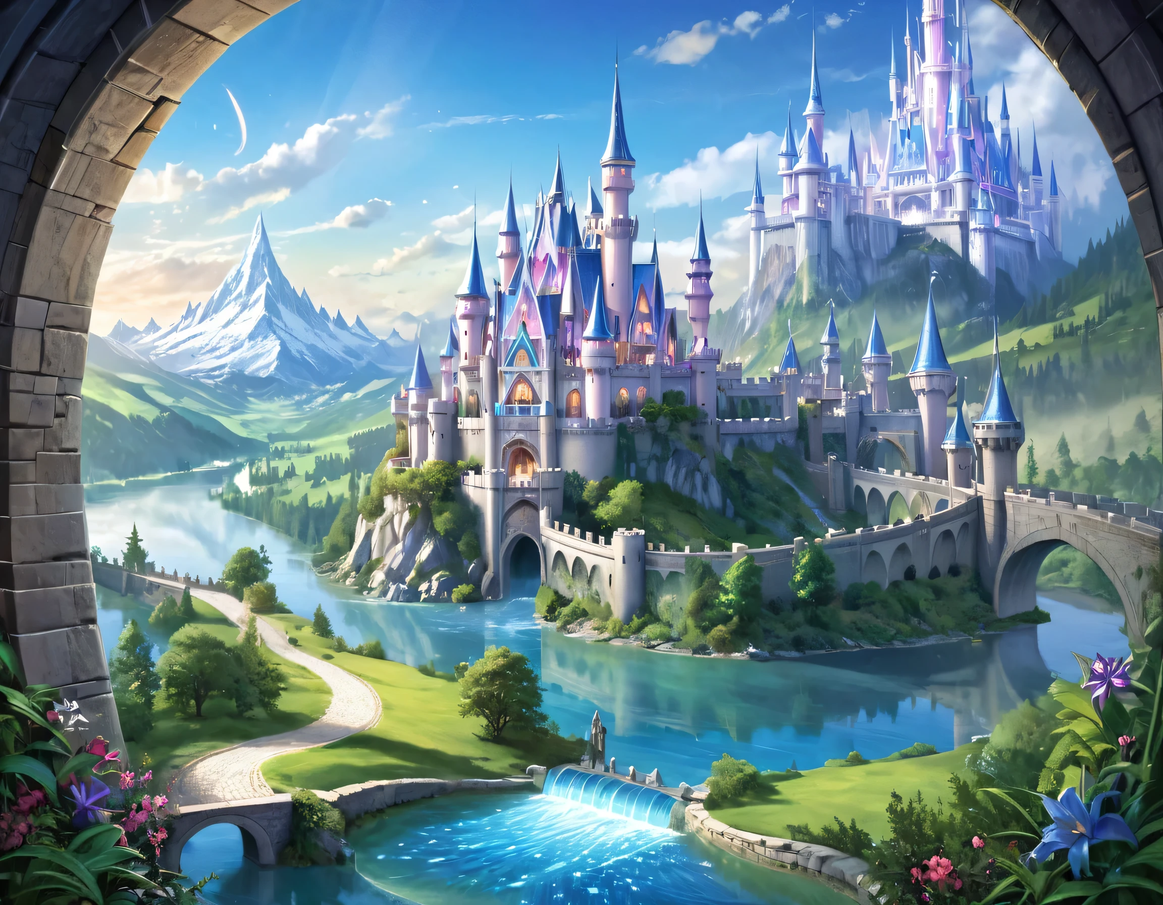 fantasy art, RPG art, a princess looking through her window at a magical castle, a beautiful elven princess looking through her window to see a magical castle, an impressive best detailed castle, with towers, bridges, a moat, standing on top of a mountain colouredglazecd_xl, Brandon Woelfel Style page