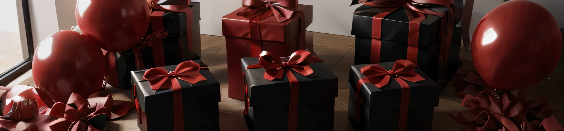 unlabelled black gift boxes with red ribbons and red baloons in background