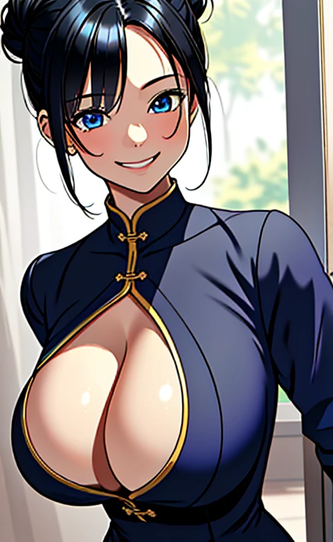 (masterpiece:1.4、top-quality、illustration:1.4,realistic、)、(character focus、,upper body:1.3)、(1girl),(happy smile:1.3),(cute),cute face,blue eyes、(cute)、
,(stand:1.4),(black hair bun),
,(slender),（china dress:1.3),
(),(), (huge breasts:1.3)、
、slender、
