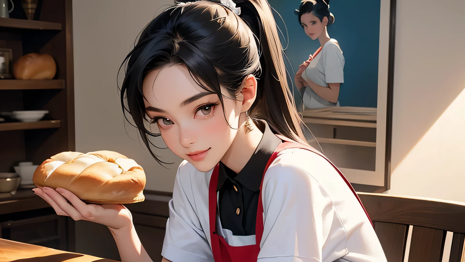8k, highest quality, super high resolution, solo female, 1980s pop culture anime style, 21 years old, (masterpiece, high resolution, details), chips \(food\), surrounded by bread, Japanese, fashionable T Shirt, Y-shirt, short cut, ponytail, (Real as a photo: 1.4), (Famous Japanese actress: 1.2), Very beautiful, Cute, Professional photo, Very delicate and beautiful, Very detailed, Very detailed beautiful girl, very detailed face, very detailed eyes, very detailed skin, very detailed fingers, very detailed nose, very detailed mouth, perfect anatomy, realistic body, fair skin, shiny skin, slender build body, good figure, looks at the viewer, smile, cute laughing face (black hair, (ponytail, beautiful girl, perfect small face, D cup, slender, red polo shirt, white apron shorts, putting bread on the table, buns) working at a shop, holding bread in hand