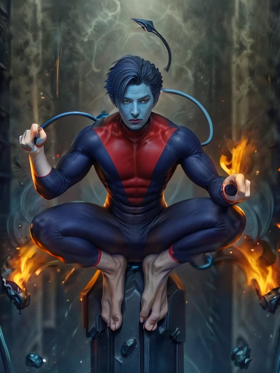 (masterpieces, best quality:1,2),1boy, solo, nightcrawler x-men, (blue demon), yellow eyes, (((colored skin))), (((colored dark blue skin))), ((texture no human))), (((non face texture human))) ((slim body), (((short blue hair))), (((three fingers))), demon blue tail, ((black and red uniform)), full body, ((arobatic)), in the air, in flight