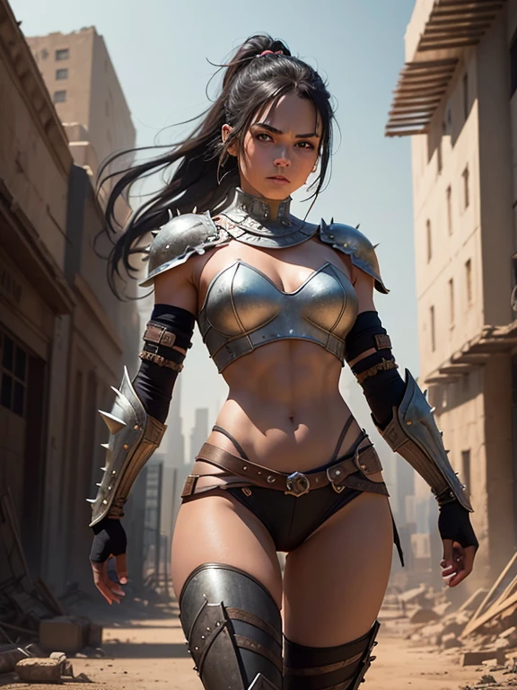 Imagine an urban scene in Brooklyn, in a post-apocalyptic setting, where a female gladiator, approximately 30 years old, is the central figure. She is standing in a barren, desolate terrain, surrounded by the wreckage and ruins of the city.
The female gladiator is a true masterpiece in itself. Her athletic body is muscular and well-defined, reflecting her strength and agility. She is dressed in minimalist armor, composed of metal plates adorned with spikes and rivets, which reflects the broken sunlight.
Her hair is black and cut into a bob haircut, but tied back in a ponytail. Her strands of hair move gently in the wind, adding dynamism to the scene.
The woman is in a ready pose, her expression determined and her eyes focused on the horizon. Beside her, there is a young girl, also dressed in similar armor, looking at her with admiration and respect.
In the background, dilapidated buildings rise against a dark orange sky, creating a dark and oppressive atmosphere. Broken sunlight penetrates through cracks in buildings, creating patterns of shadow and light on the dusty ground.
Key elements:
Gladiator woman, 30 years old, athletic body.
Minimalist armor with spikes and rivets.
Black hair in a bob haircut, with a ponytail.
Young girl next to the gladiator.
Post-apocalyptic urban scene in Brooklyn with wreckage and ruins.
Dark orange sky with broken sunlight.
Comments:
Make sure the digital painting captures the essence of the gladiator woman's strength and determination, as well as the young girl's admiration of her.
Armor and wreckage details must be carefully rendered to convey realism and texture.
Use light and shadows effectively to create a dramatic and impactful atmosphere.
