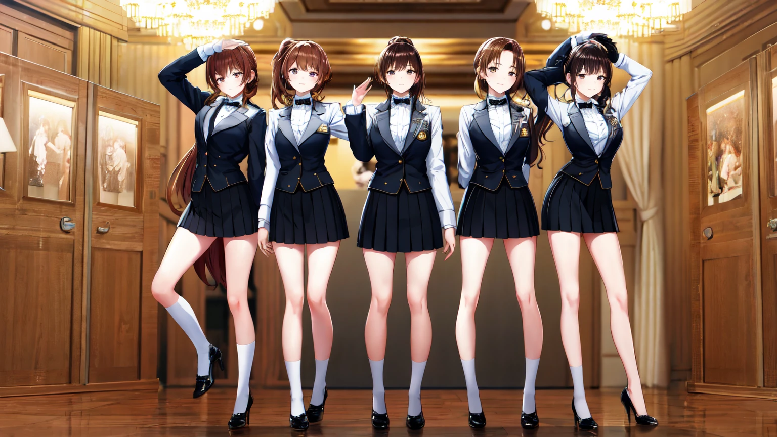 masterpiece, highest quality, High resolution, 10+girl, crowd, Identical sister, clone, An orderly line of sisters, An orderly line of sisters, Sisters standing in a line, uniform, Matching outfits, Long Hair, Curly Hair, ponytail, Matching hairstyle, Hazel Eyes, Brown Hair, Black tie, Blue ribbon, Brown Skirt, salute, smile, indoor, Group shot, whole body, Panty shot, Black high heels