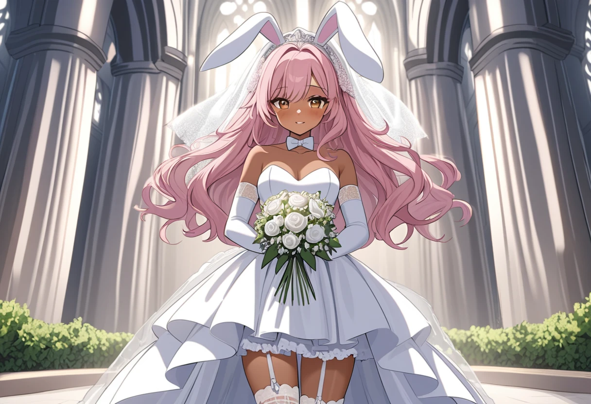 (arknights)(1girl(Pink Hair,Wavy Hair,(tanned skin),wedding veil,wedding dress,frilled skirt,Garter Stockings,arm cover,bunny ears,tiara))((happy)(blush))A small, young princess holding a bouquet to be married in a cathedral