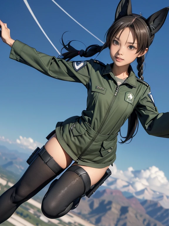 {(masterpiece,best quality, 8K UHD, extremely detailed CG, detailed beautiful face and eyes and skin and hair), (best quality face) }, {(3d ultra realistic photo graphic style:1.4)}, {(1girl free_fall from 10000m above the ground:1.2), (out of focus background:1.4)}, {1girl, 18yo, (beasts_ears),medium hair, Ponytail hair with braids, forehead}, {(strike witches:1.4),(military shoes:1.2), (thigh-high socks),navel}, {(cheerful:1.3), (candid shot)}, {(bring knees forward:1.1), (inner thighs showing pose:1.2)}, (Boys Mk.I anti-armor rifle)