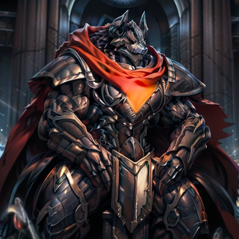 demon lord dragon batzz, BlackKnight_fe, (masterpiece, best quality, detailed:1.2) detailed full body, a knight's mechanical armor, glowing wide and heavy armor, wears full body armor. massive muscles, huge pecs, chiseled abs, huge pectorals, exaggeratedly huge muscles. wearing a cloak. unusually developed muscular body big muscle, pecs, triceps, traps, waist narrow, unusually developed muscular body, Dark knight, The claws are sharp, Sharp teeth, He wears a black cloak on his back. sitting on the throne,