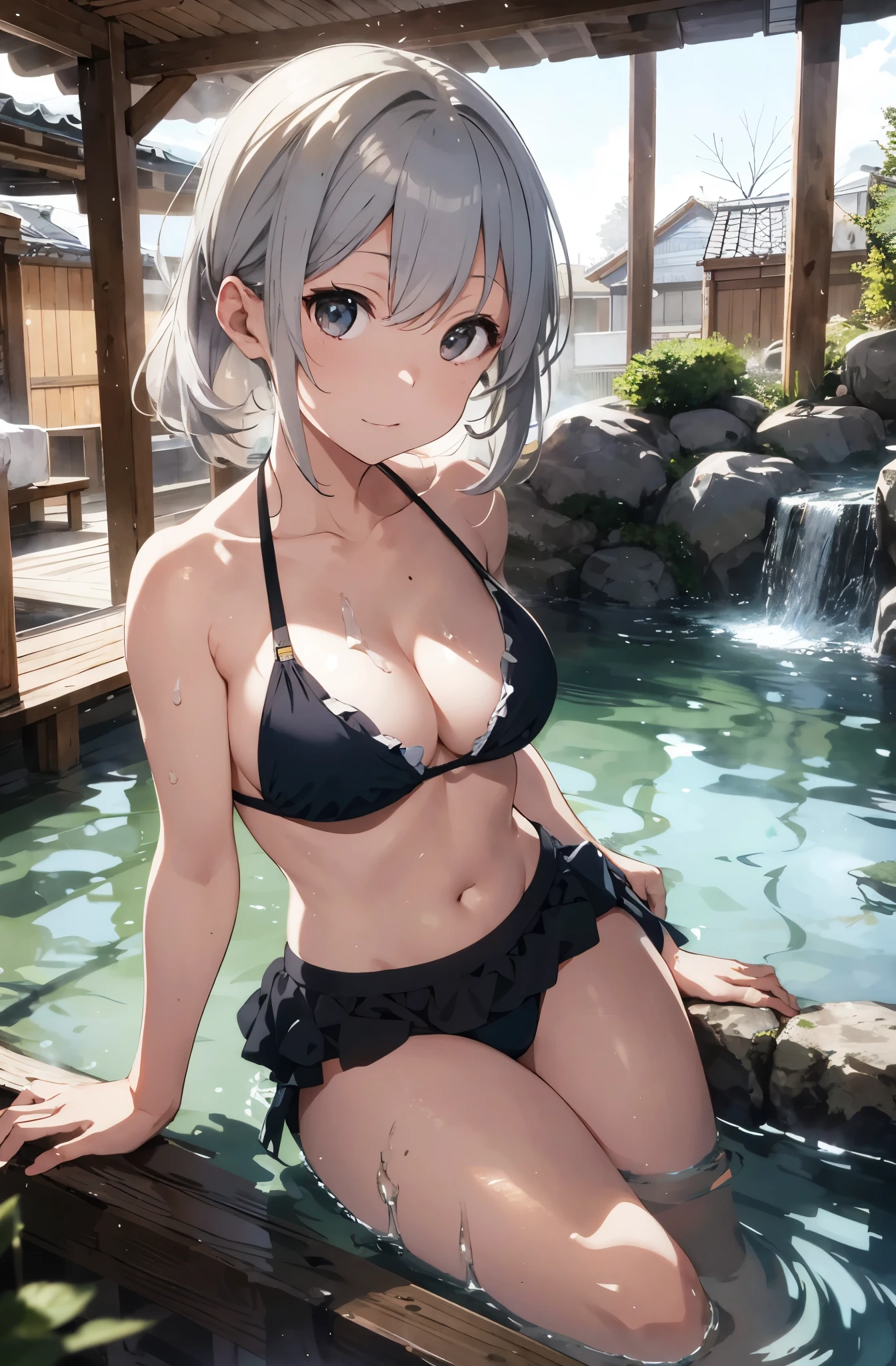 Silver-haired girl drawn in high resolution Japanese anime style、Realistic background blur that looks like it was taken with a high-performance camera.、Please provide high quality illustrations........。Beautiful woman soaking in a hot spring with a relaxed expression.、The steam rising from the bathtub is beautifully depicted...................。Attention to detail in hair and skin、There are no houses around、quiet､Enjoy the natural texture。Communicating the atmosphere of a hot spring town、Please also draw the surrounding scenery and hot spring facilities...................。Highlighting a beautiful girl in a pink bikini。。。、Please draw an illustration that captures her charm...................。Wakame seaweed、Wakame seaweed、Wakame seaweed、Wakame seaweed、Wakame seaweed、Wakame seaweed、