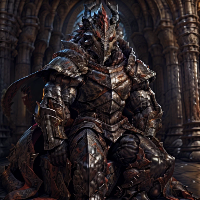 demon lord dragon batzz, BlackKnight_fe, (masterpiece, best quality, detailed:1.2) detailed full body, a knight's mechanical armor, glowing wide and heavy armor, wears full body armor. massive muscles, huge pecs, chiseled abs, huge pectorals, exaggeratedly huge muscles. wearing a cloak. unusually developed muscular body big muscle, pecs, triceps, traps, waist narrow, unusually developed muscular body, Dark knight, The claws are sharp, Sharp teeth, He wears a black cloak on his back. sitting on the throne,