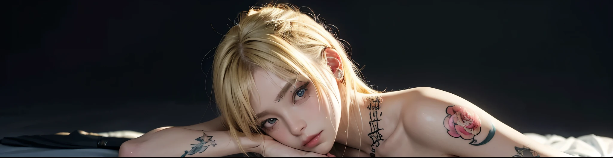 8K, realistic photo, realistic skin texture, Japanese women 3 people、Blonde punkish hair、Tattoo、Innovative composition、