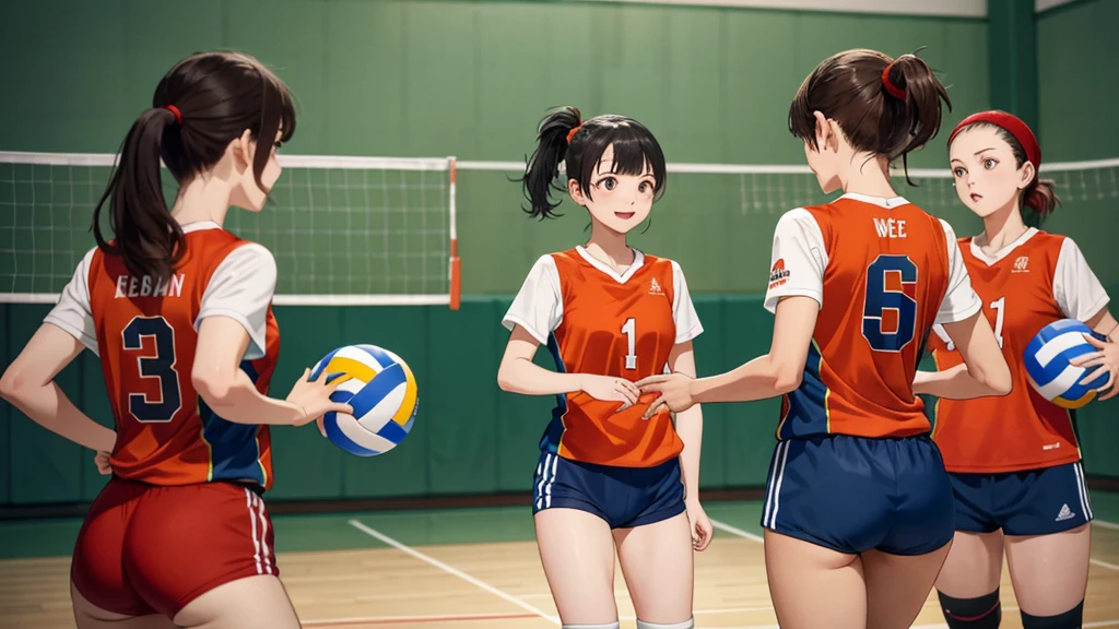 ponytail、Short Hair/(Volleyball Uniforms/Red mini shorts・Blue mini shorts・Green mini shorts、Orange mini shorts)、/(Dark Brown Hair/ponytail) bangs、Blushing bright smile、(Masterpiece of the highest quality:1.2) Delicate illustration with super details、 BREAK /(Volleyball court indoor/)Multiple women