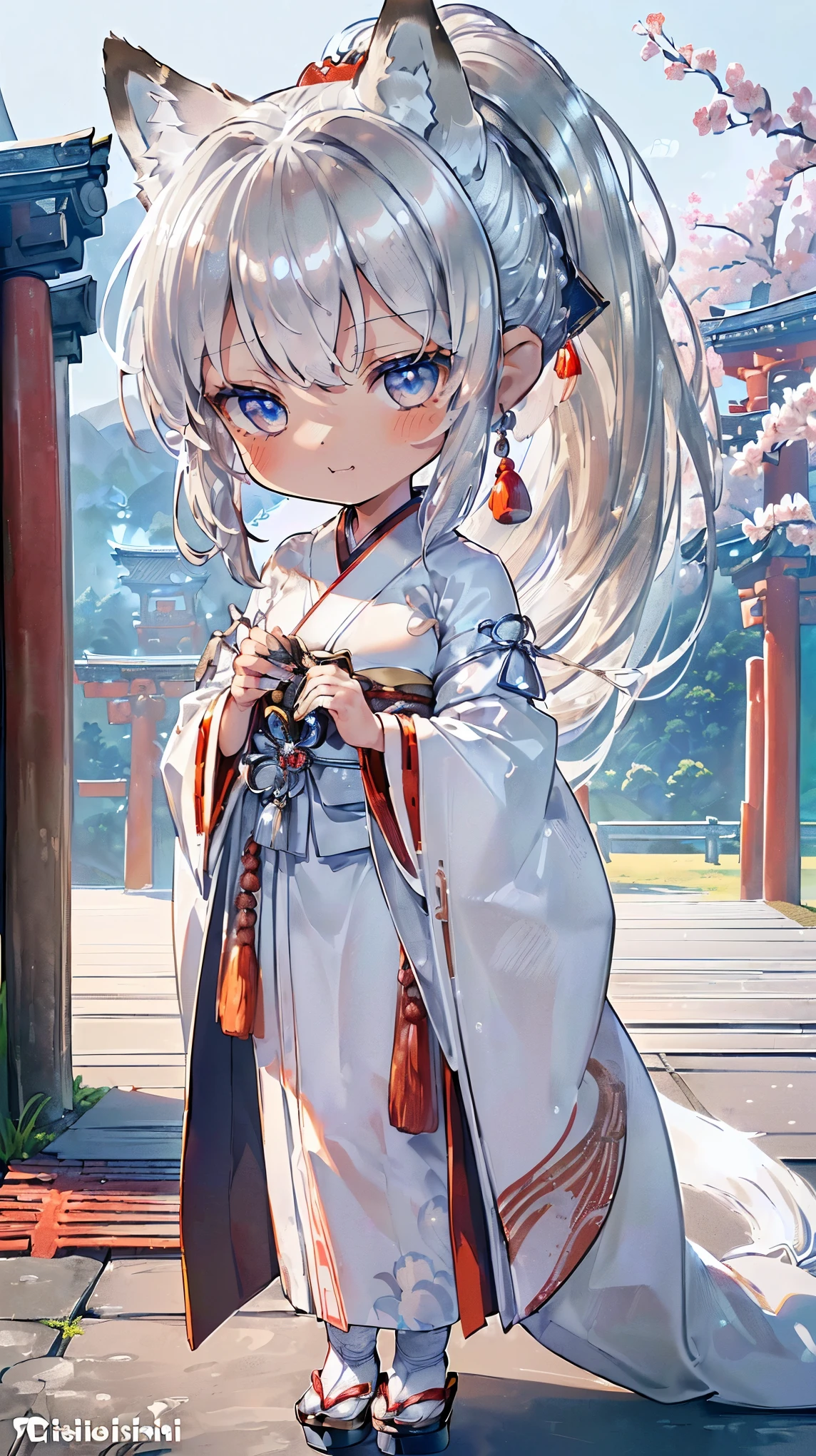(((Masterpiece))), (((Highest quality))), ((Ultra-detailed)), ((Super fine illustration)), ((Ultra-fine painting)), (16K highest quality wallpaper:1.4), (Chibi:2.0), (Full body:1.6), HDR, (Highly detailed and delicate illustration style:1.8), Detailed skin texture, Detailed cloth texture, Extreme detailed description, (T-masterpiece), (Highly detailed face:1.2), (Highly detailed silver fox ears:1.4), (Highly detailed shiny ponytail:1.2), (Highly detailed beautiful eyes:1.2), Original, RAW photo, Professional, Intricate details, Super details, Direct light:1.6, (Perfect anatomy:1.4), (Highly detailed hands:1.2), (Highly detailed fingers:1.2), (Highly detailed fingertips:1.2), (27-years-old), Real, (Solo:1.6), ((A very beautiful and attractive silver fox female model who is a messenger of God and a traditional Japanese sacred shrine maiden:1.4)) BRAKE (Beautiful and adorable silver fox ears:1.8), (Highly detailed and delicate silver fox ears:1.6), (Beautiful and well-shaped big breasts:1.2), (Beautiful and well-shaped buttocks), (Beautiful and shiny silver ponytail:1.6), (Highly detailed and delicate silver ponytail:1.2), (Beautiful clear blue eyes that shine with great detail:1.6), (Highly detailed and delicate blue eyes:1.2), (Highly detailed face:1.4), (Smile:1.3), (Blush:1.2), (Looking at viewer:1.4), (Celebration:1.4), (Standing:1.2) BRAKE ((Brightly white and red colored) and divine traditional shrine maiden costumes at Japanese shrines:1.4), (Japanese divine traditional costume:1.2) BRAKE (Highly detailed and beautiful Ise Grand Shrine in Mie Prefecture just after noon in spring in the background:1.6), (Celebration:1.4), Highly beautiful in the sunny sky background just after noon:1.2 BRAKE 