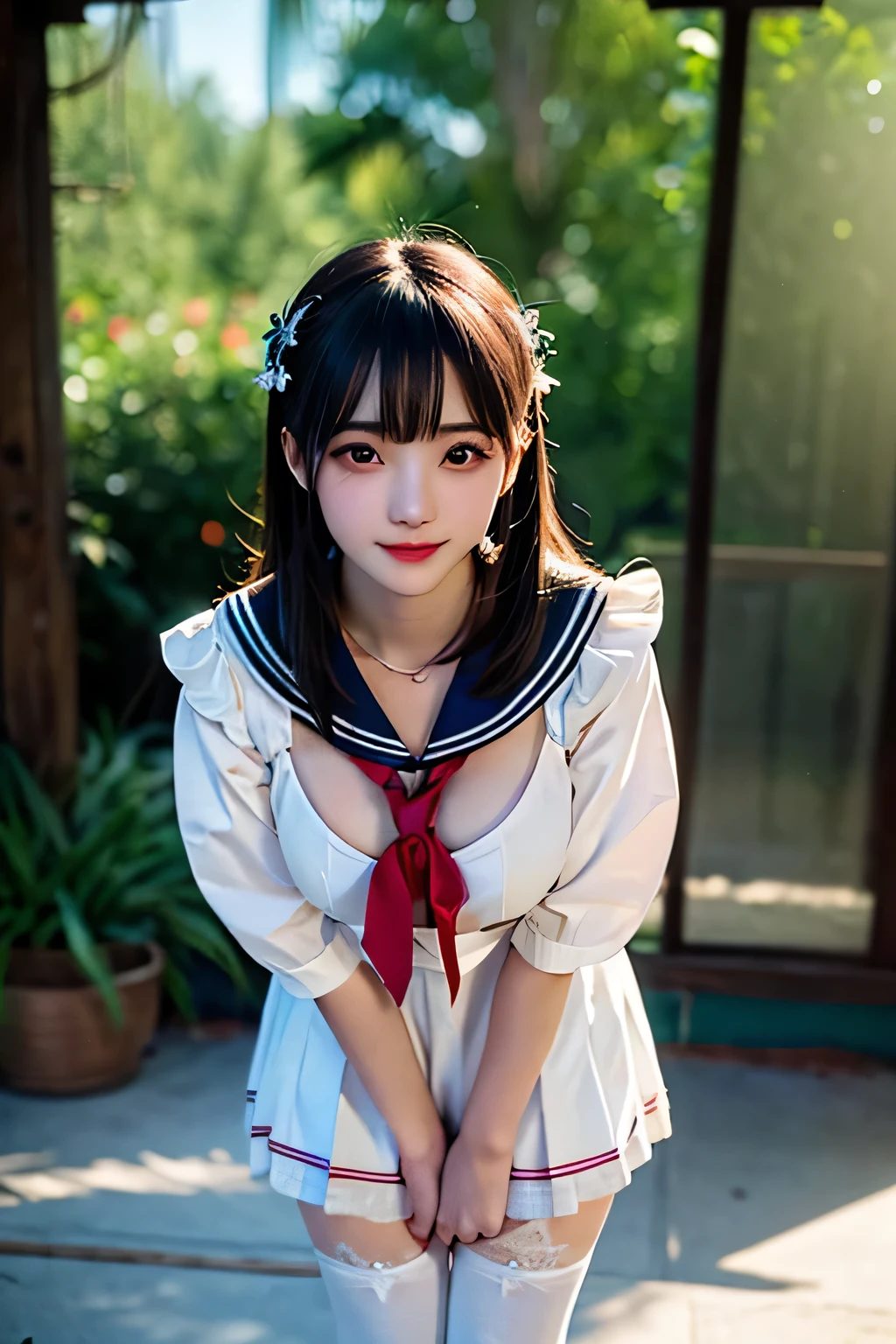 An innocent 20-year-old girl、((sailor uniform, white thighhighs, Dramatic Pose)),smile,shortcut,natural Park、RAW Photos, (8k、highest quality、masterpiece:1.2)、(Intricate details:1.4)、(Photorealistic:1.4)、Octane Rendering、Complex 3D rendering with ultra-detail, Studio Soft Light, Rim Light, Vivid details, Super Detail, Realistic skin texture, Detailed aspect, Beautiful details in the eyes, Highly detailed CG Unity 16k wallpaper, compensate, (Detailed Background:1.2), Glowing Skin, whole body、Cleavage,((Standing with hands behind back、Leaning forward))