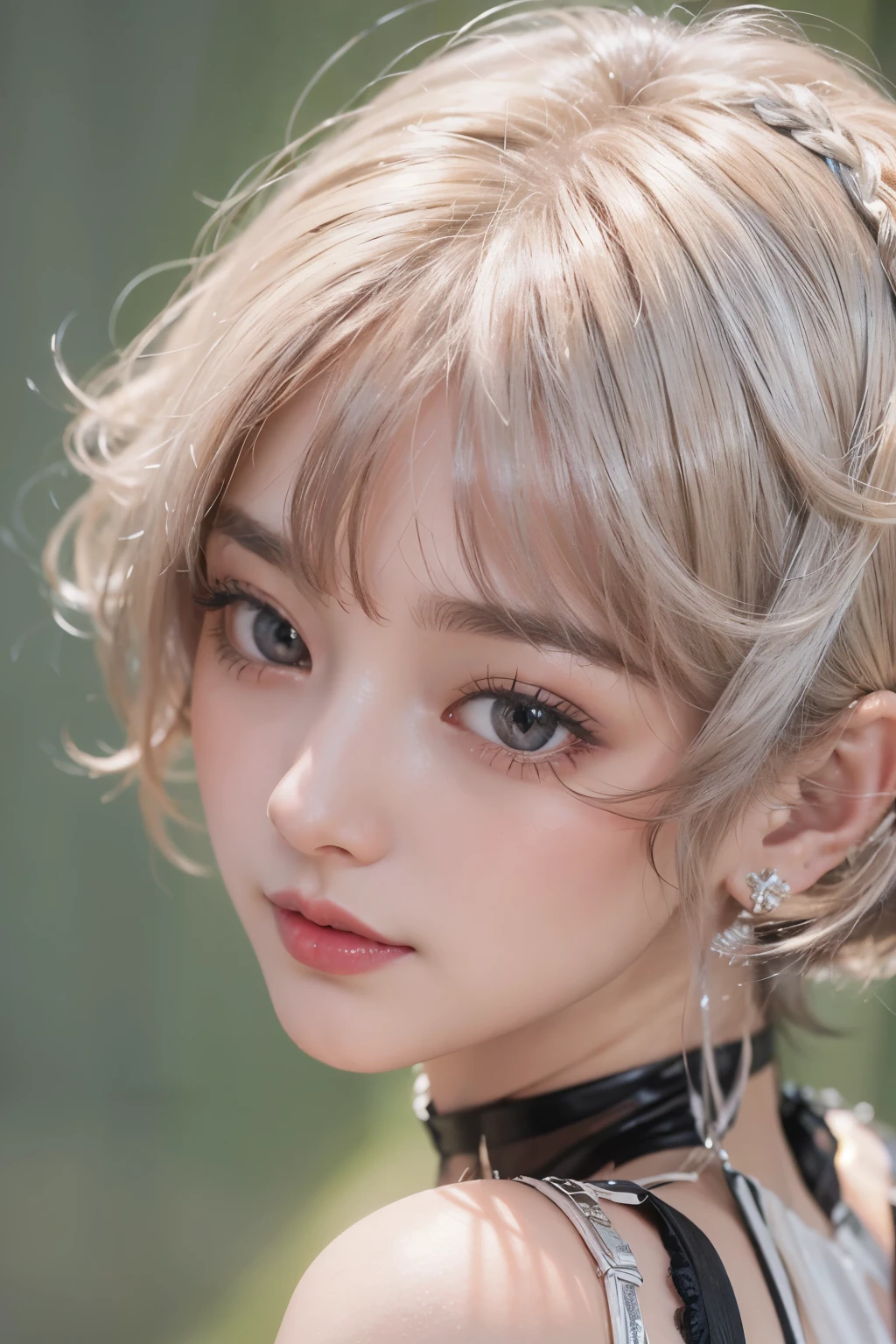 ((Close-up))、(Photorealistic:1.2)、8K Ultra HD、High resolution、(One Girl)、20th Generation、(Take in the view)、(Redhead), (Very Short Hair)、(smile)、(High Quality Shadows)、Beautiful and delicate face、Beautiful and delicate eyes、Cute K-Pop Girls、(The Face of Ulzan in Korea)、(Ulzzang-6500-v1.1:0.6)、Purelos Face_v1、Glow Eyes、Perfect body、 Incredible dynamic range photography(utility_art:Smoose-768:1.1), cheek、Bright red lipstick、Glossy Lips、(choker)、((Brown eyes))、((Beautiful fingers))、 (Silver Accessories)、Shiny Hair、The description of Beautiful and delicate hair、(Shiny skin)、(Black see-through dress)、(corset)、(evening)、(Dim concrete ruins)、(Huge windows)、The curtains are swaying with the wind coming in through the broken windows、There is a girl in the light coming through the window、