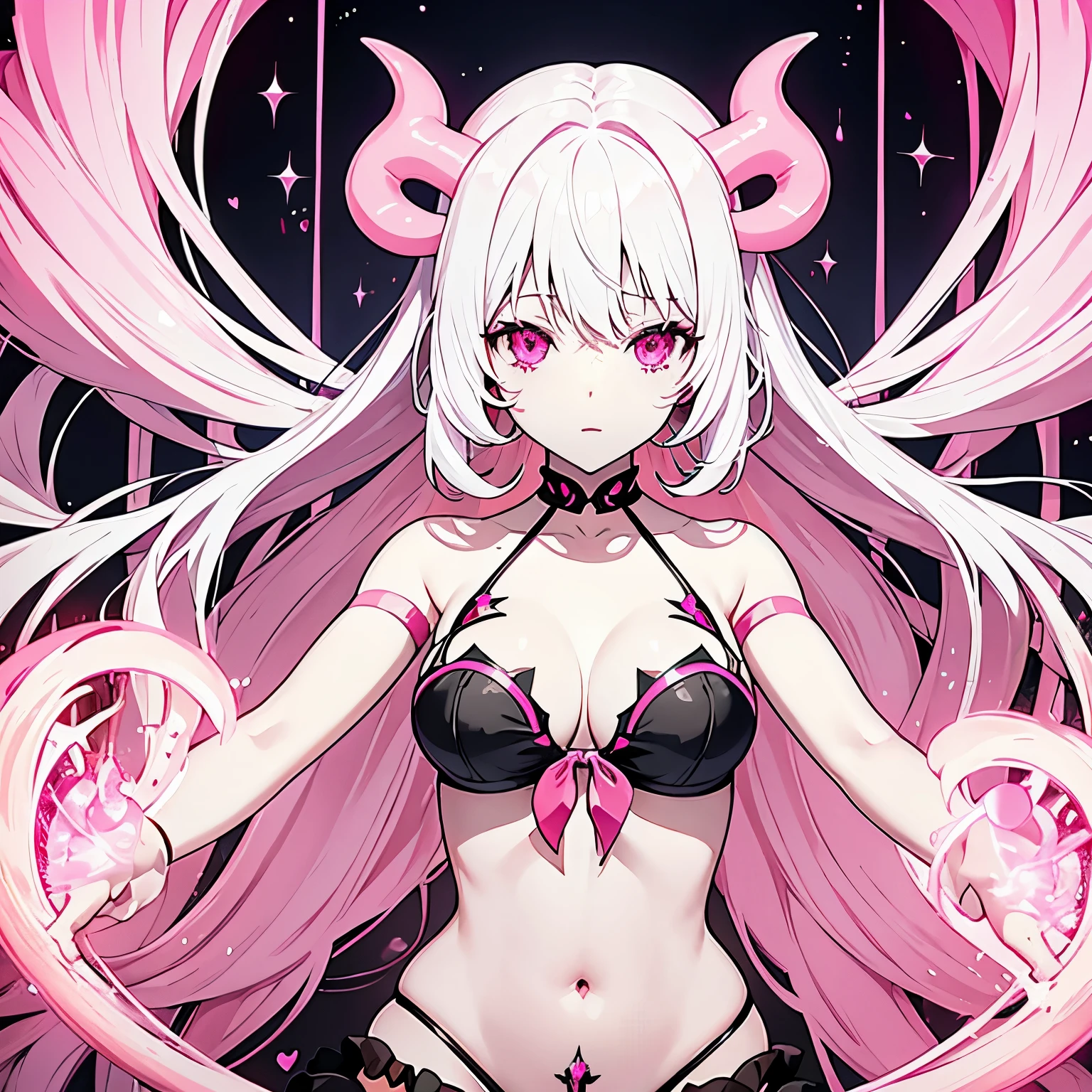 A succubus with pale skin, medium breasts, white hair with light pink tips, pink eyes, pink demon horns, pink demon tail, pink womb tattoo, and pink lingerie