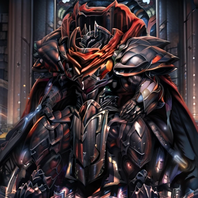 demon lord dragon batzz, BlackKnight_fe, (masterpiece, best quality, detailed:1.2) detailed full body, a knight's mechanical armor, glowing wide and heavy armor, wears full body armor. massive muscles, huge pecs, chiseled abs, huge pectorals, exaggeratedly huge muscles. wearing a cloak. unusually developed muscular body big muscle, pecs, triceps, traps, waist narrow, unusually developed muscular body, Dark knight, The claws are sharp, Sharp teeth, He wears a black cloak on his back. sitting on the throne,