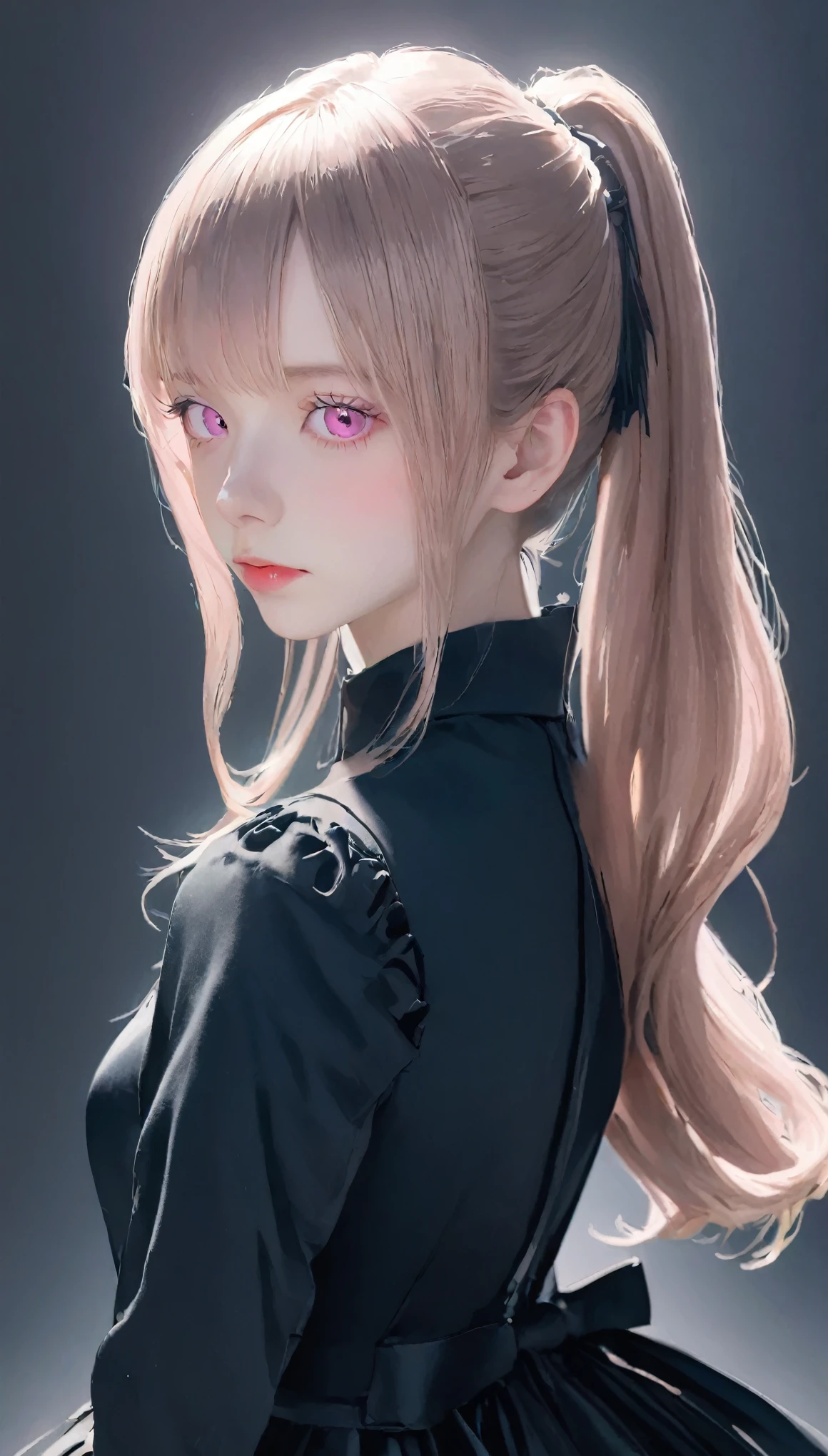 highest quality, Tabletop, High resolution, (((1 girl))), ,(((Beautiful pale pink eyes)))、Low Pony、((Black Block Dress)), Tyndall effect, Realistic, Shadow Studio,Ultramarine Lighting, Dual Tone Lighting, (Skin with attention to detail: 1.2)、Pale colored lighting、Dim lighting、 Digital single-lens reflex camera, , High resolution, 4K, 8k, Background Blur,Fade out beautifully