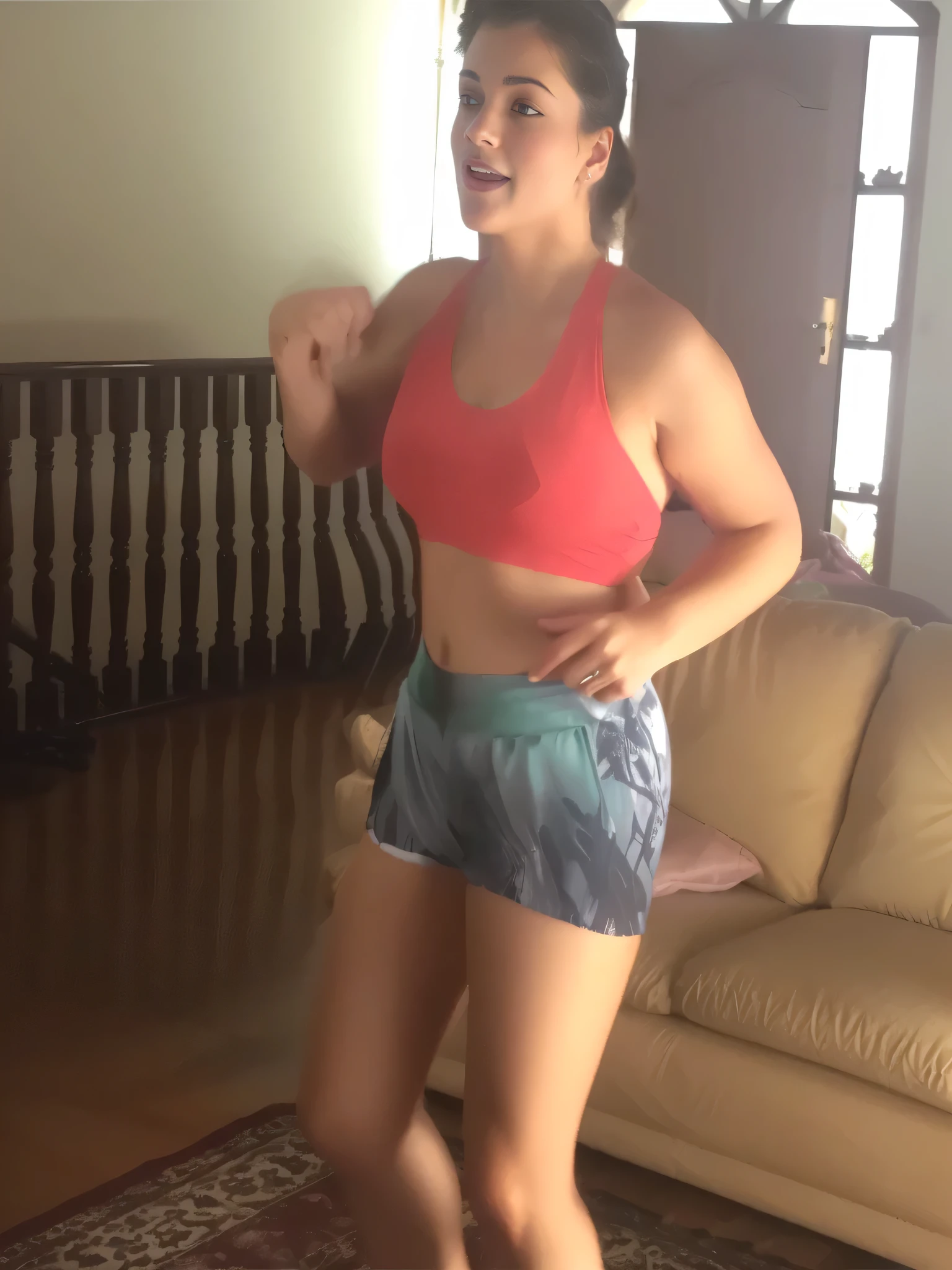 A beautiful light brunette woman stands in a living room, wearing a red sports bra and patterned shorts. She has her arms outstretched as if she is dancing or performing an exercise routine. The living room has wooden floors and a beige sofa visible in the background. wearing a tank top (((red top))), short printed shorts (((printed shorts))), tight and short printed shorts for gym training. Photo taken from the side, with tanned body, toned body, athletic body, ( (( (legs)))); sexy pose, extremely sexy, very sensual, shapely legs. She is about 36 years old, 1.62 tall, 60 kg, best quality, perfect face, perfect mouth, perfect hands, is standing, (full body) vwell defined, her slightly plump and red lips look like a delicate flower. Slim body, slim waist. Her body exudes glamor and her face is the definition of beauty. Highly realistic, reddish skin, feeling of lightness and joy, hyper-realism, very elaborate skin. Sharp photo, high quality, high resolution (ultra quality masterpiece), Ultra HD, high contrast, 16K. Masterpiece: 1.3, high resolution, (photographically realistic), 8k, NUDE, NUDITY, NFSW.