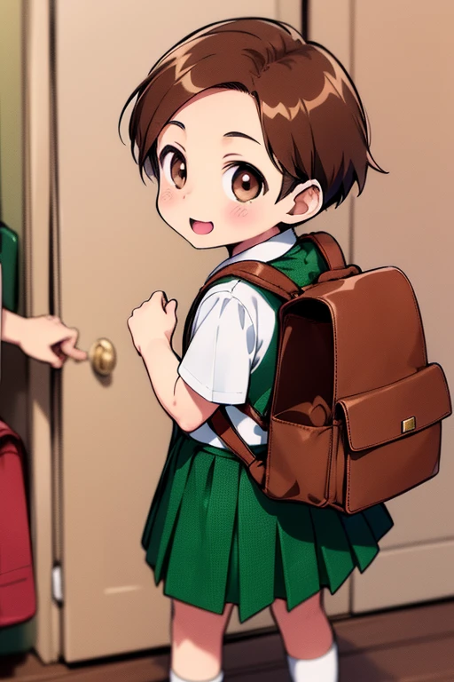 rokujoumugi, One girl, alone, Backpack, Brown Hair, bag, Brown eyes, short hair, Little, , skirt, school bag, blush, Recall, From behind, whole body, room,
smile, Open your mouth,
masterpiece, expensive quality, very_expensive_solve, big_file size, Full Color,