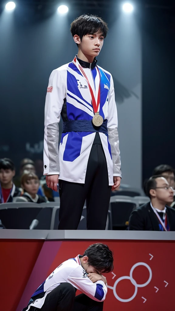a man who won the competition as second place with a silver medal with a sad tear and vengeful expression