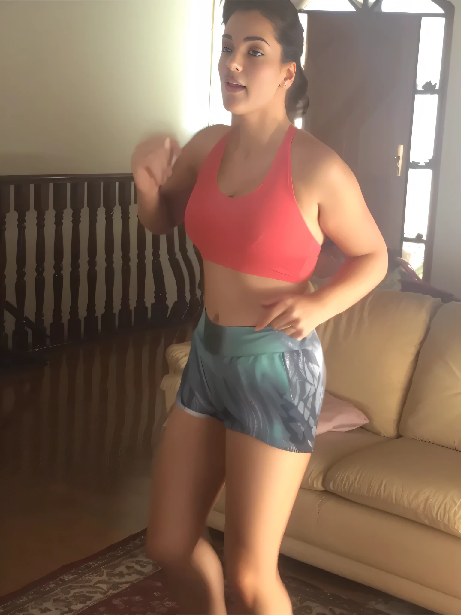 A beautiful light brunette woman stands in a living room, wearing a red sports bra and patterned shorts. She has her arms outstretched as if she is dancing or performing an exercise routine. The living room has wooden floors and a beige sofa visible in the background. wearing a tank top (((red top))), short printed shorts (((printed shorts))), tight and short printed shorts for gym training. Photo taken from the side, with tanned body, toned body, athletic body, ( (( (legs)))); sexy pose, extremely sexy, very sensual, shapely legs. She is about 36 years old, 1.62 tall, 60 kg, best quality, perfect face, perfect mouth, perfect hands, is standing, (full body) vwell defined, her slightly plump and red lips look like a delicate flower. Slim body, slim waist. Her body exudes glamor and her face is the definition of beauty. Highly realistic, reddish skin, feeling of lightness and joy, hyper-realism, very elaborate skin. Sharp photo, high quality, high resolution (ultra quality masterpiece), Ultra HD, high contrast, 16K. Masterpiece: 1.3, high resolution, (photographically realistic), 8k, NUDE, NUDITY, NFSW.