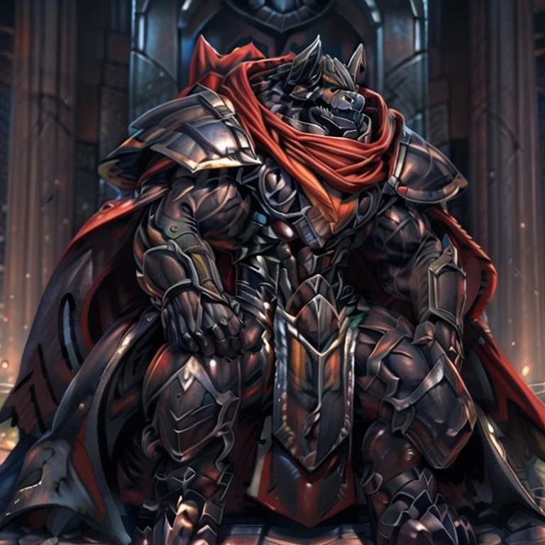 demon lord dragon batzz, BlackKnight_fe, (masterpiece, best quality, detailed:1.2) detailed full body, a knight's mechanical armor, glowing wide and heavy armor, wears full body armor. massive muscles, huge pecs, chiseled abs, huge pectorals, exaggeratedly huge muscles. wearing a cloak. unusually developed muscular body big muscle, pecs, triceps, traps, waist narrow, unusually developed muscular body, Dark knight, The claws are sharp, Sharp teeth, He wears a black cloak on his back. sitting on the throne,