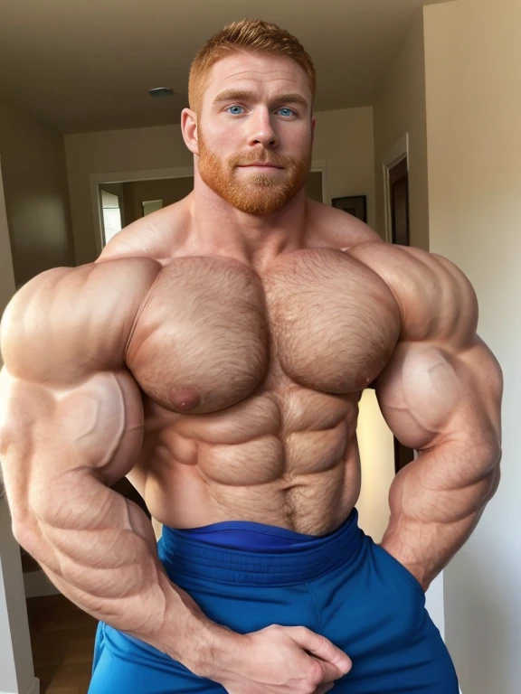 ginger daddy with blue/green eyes, very gorgeous man, very handsome man, very beautiful man, very masculine face, bursting with muscles, gigachad muscles, lean but muscular, ripped, proportionally enormous pecs, (crossing arms:1.5), arms crossed, big package bulge, hung, (Muscular:1.5), (defined muscles:1.5), flexed chest, (Huge Bulge:1.3), Big muscular man with blue eyes and extremely defined vascular muscles, perfect six pack, hairy, rugged