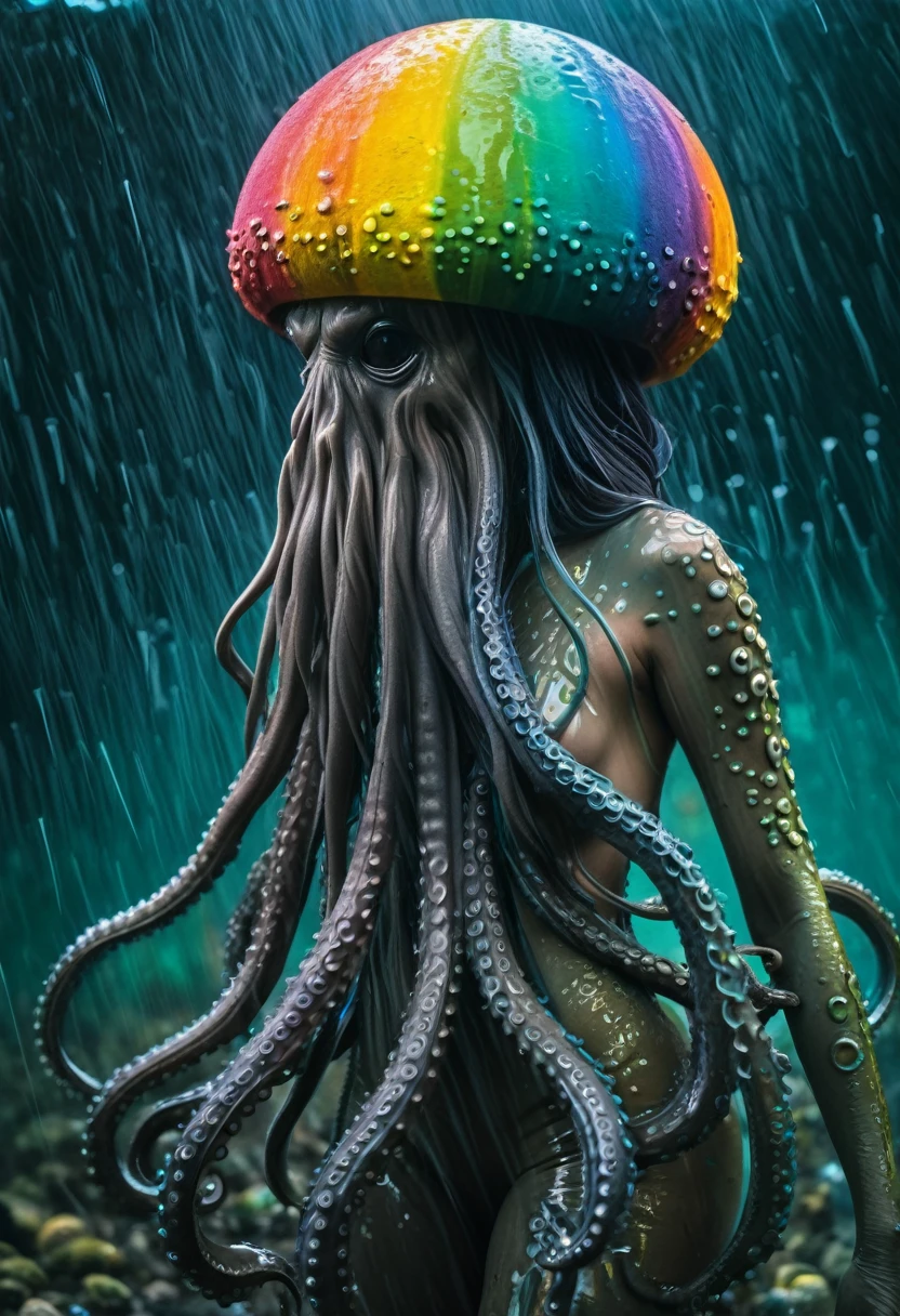 8K, ARTISTIC photogrAphy, best quAlity, mAsterpiece: 1.2), A (potrAit:1.2) witch Cthulhu soldier, BLACK many octopus style tentacles, full body RAW candid cinema, cyan hair, 16mm, color graded portra 400 film, remarkable color, ultra realistic, sad admosphere, dark lighting, oppressive atmosphere, depressive colors, kodak portra 400, photograph,r, Natural Light, Pinhead lighgts, blur reflection, Brush Strokes, Smooth, abstract, Splatter, Oil On Canvas, rainbow colors, fractal isometrics details bioluminescens : a stunning realistic photograph of wet bone structure, 3d render, octane render, intricately detailed, anium decorative headdress, cinematic, trending on artstation | Isometric | Centered