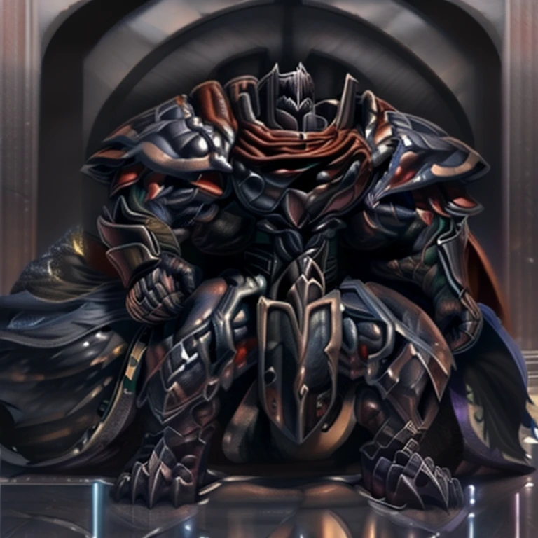 demon lord dragon batzz, BlackKnight_fe, (masterpiece, best quality, detailed:1.2) detailed full body, a knight's mechanical armor, glowing wide and heavy armor, wears full body armor. massive muscles, huge pecs, chiseled abs, huge pectorals, exaggeratedly huge muscles. wearing a cloak. unusually developed muscular body big muscle, pecs, triceps, traps, waist narrow, unusually developed muscular body, Dark knight, The claws are sharp, Sharp teeth, He wears a black cloak on his back. sitting on the throne,