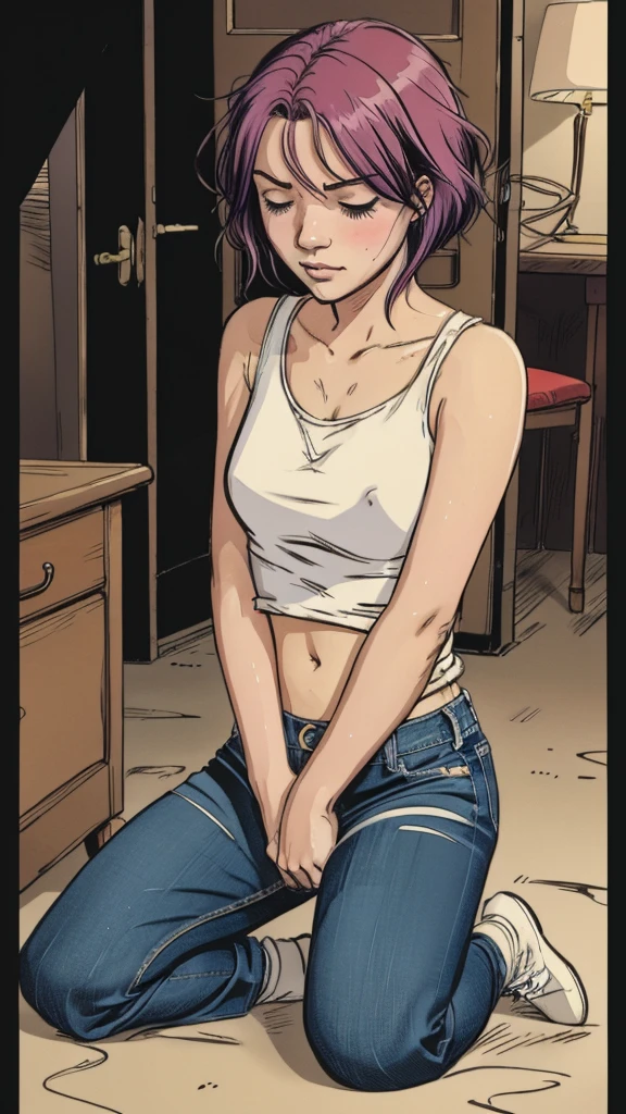vector image, 2d cartoon,masterpiece, An age girl,colored hair, blushed:1.2, sweat, simulates intercourse masturbation:1.3, touch herself sensually, gloomy orgasm, tight worn-out jeans,(red)),