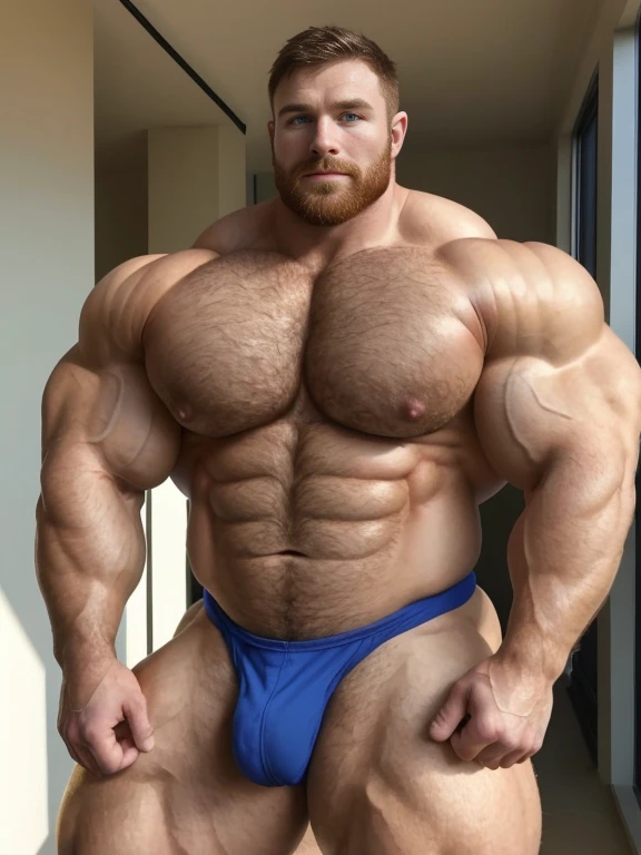 (1boy), (soft smile), tan skin, (natural daylight:1.3), (muscular:1.7), (defined muscles:1.5), (beautiful:1.5), (handsome:1.4), (gorgeous:1.3), (ginger:1.0), flexed chest, white jockstrap, bowtie, (good face:1.5), (male model:1.3), dimly lit, dark studio, beefy, bulky, Face of Josh Hutcherson on a matured man with a beard, crossing arms, arms crossed, rugged, hairy, strained muscles, Big muscular man with blue eyes and extremely defined vascular muscles, perfect six pack, big package bulge, hung